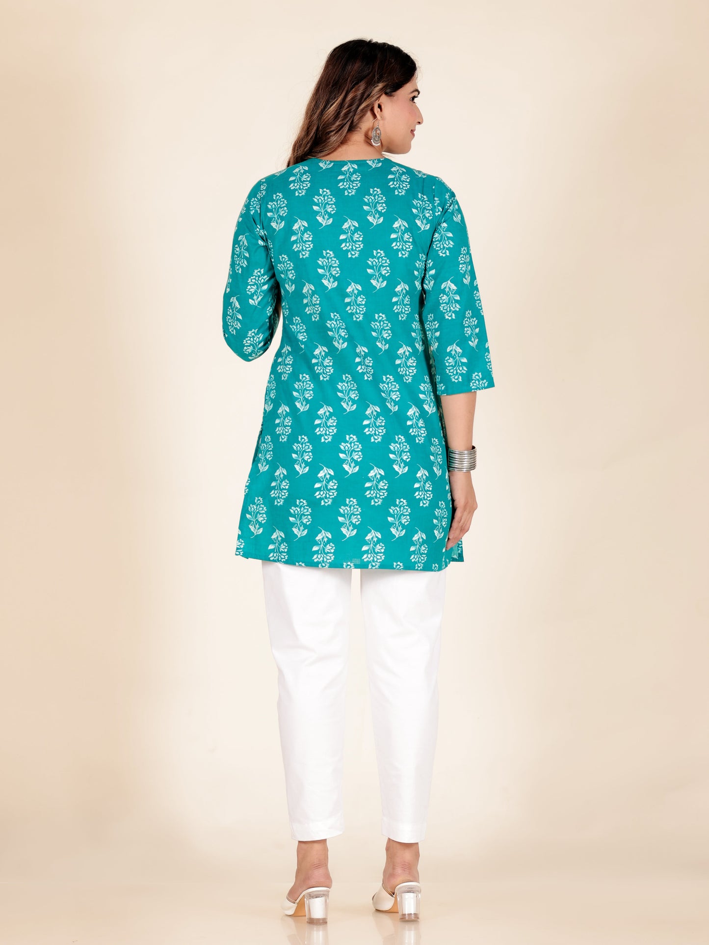 Soft Cotton Floral Straight Turquoise Kurti