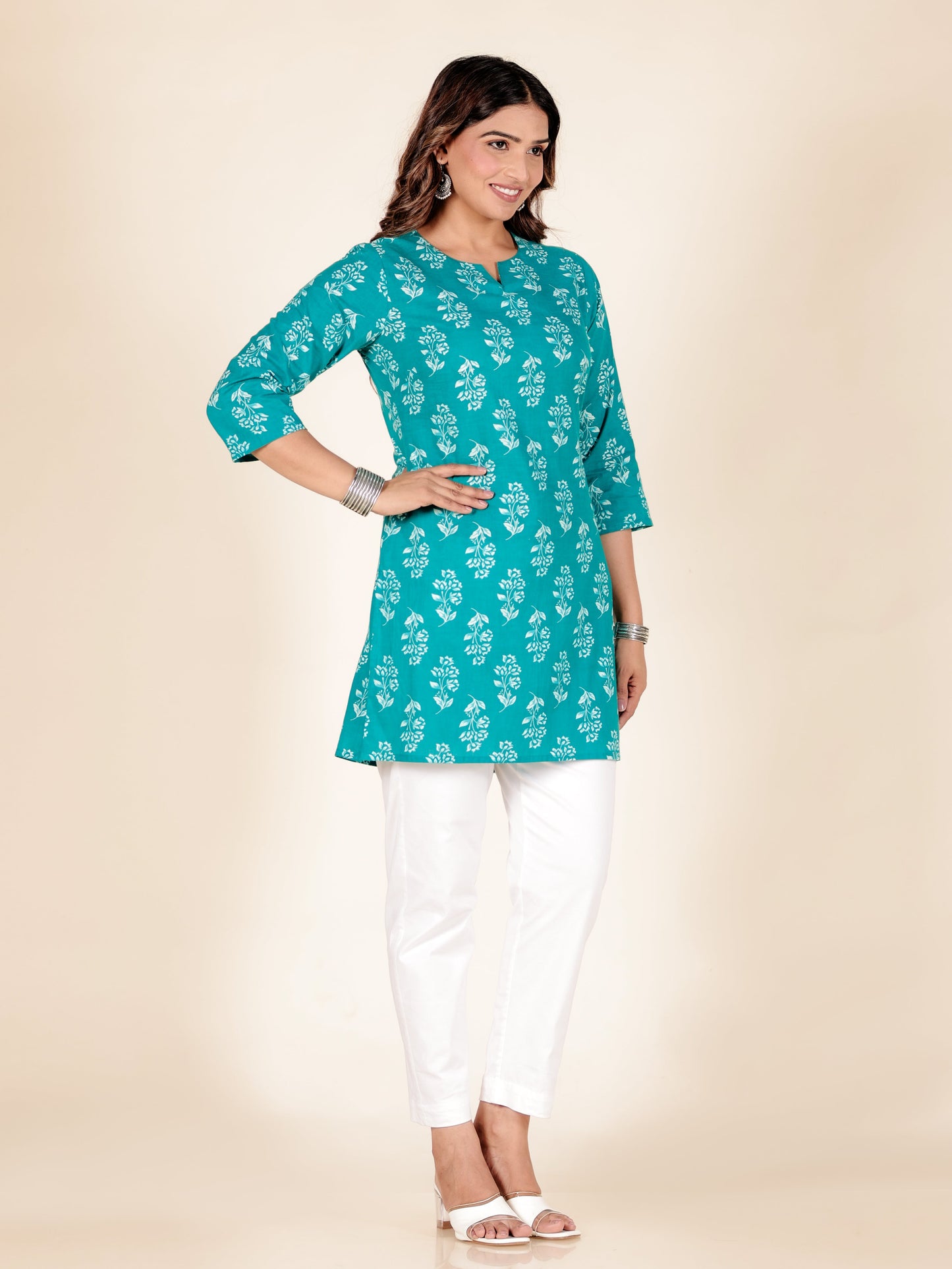Soft Cotton Floral Straight Turquoise Kurti