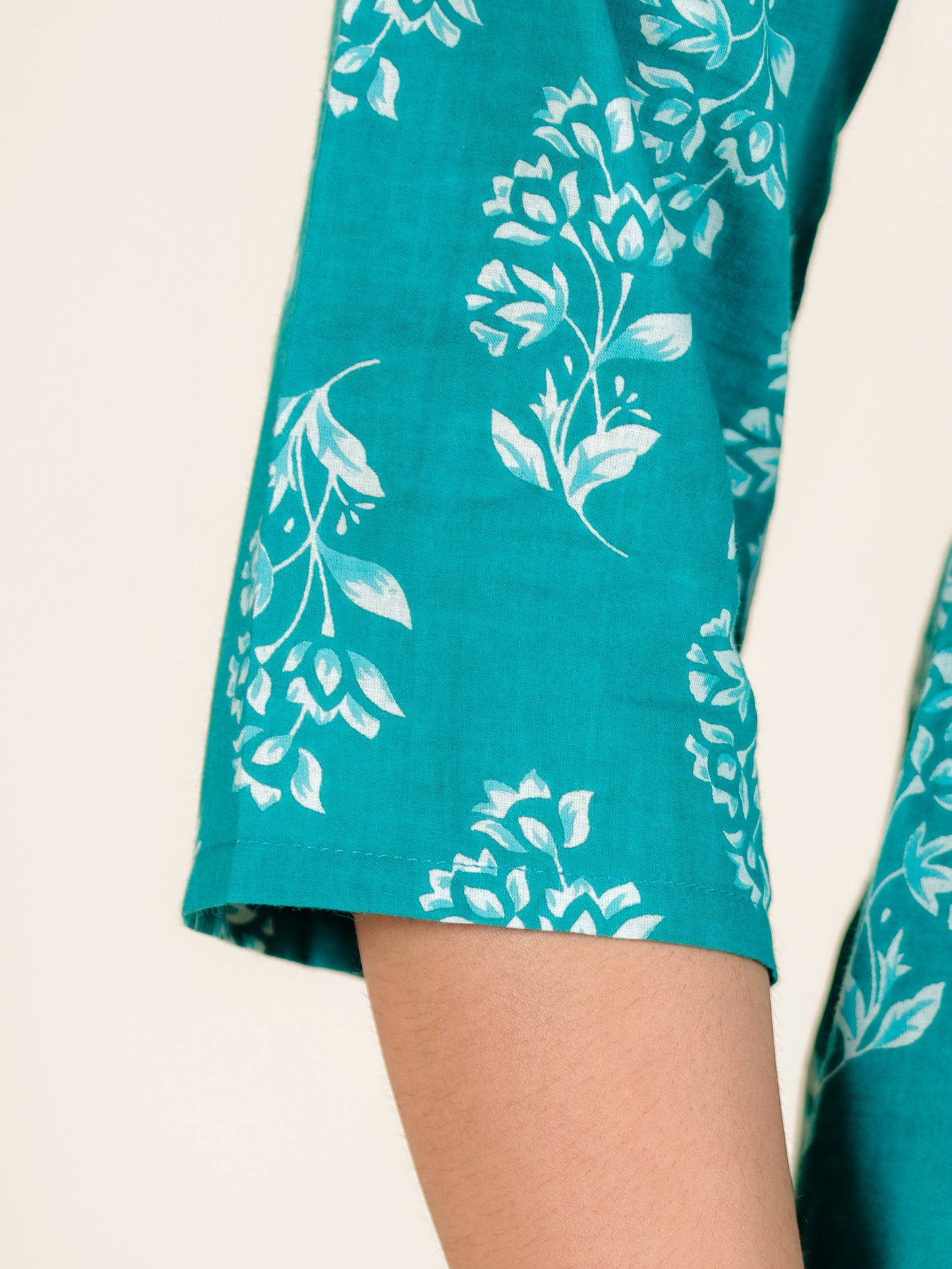 Soft Cotton Floral Straight Turquoise Kurti