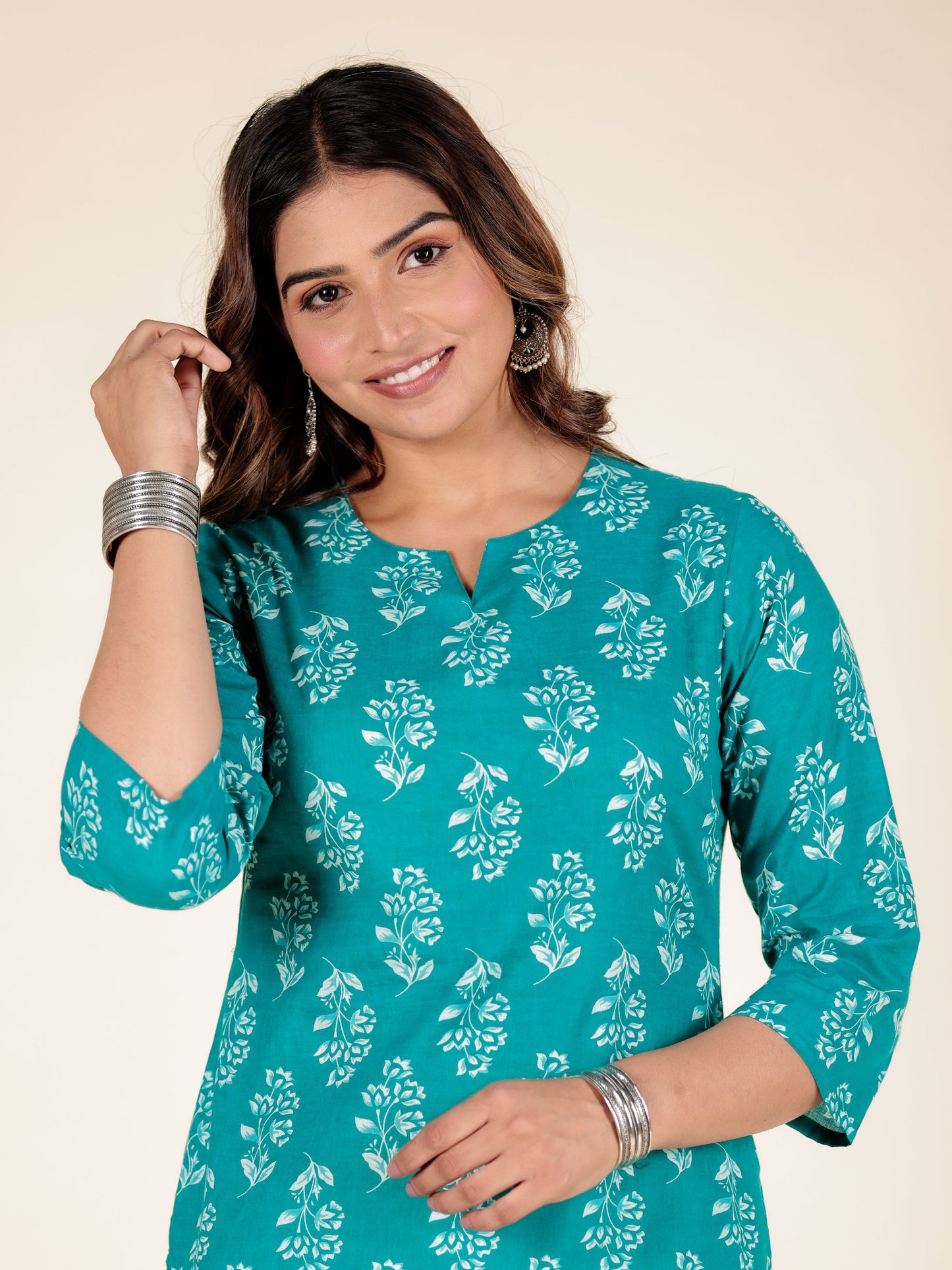 Soft Cotton Floral Straight Turquoise Kurti