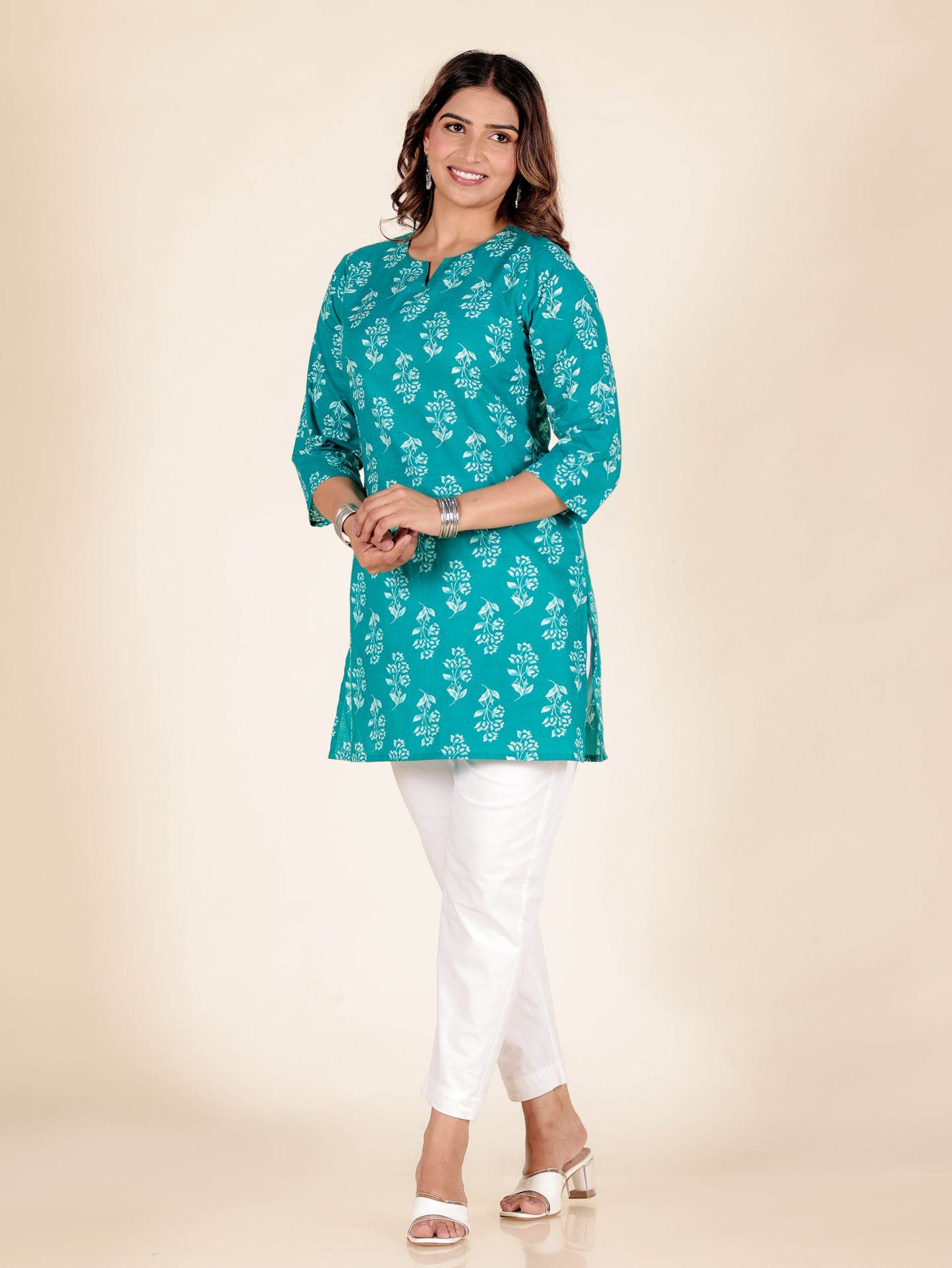 Soft Cotton Floral Straight Turquoise Kurti