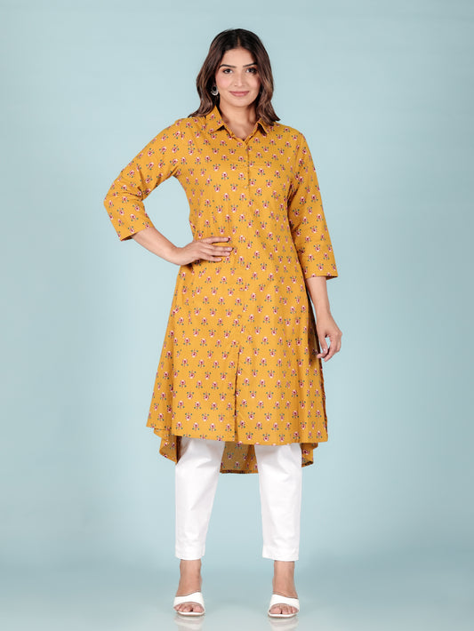 Soft Cotton Floral High Low Yellow Kurta