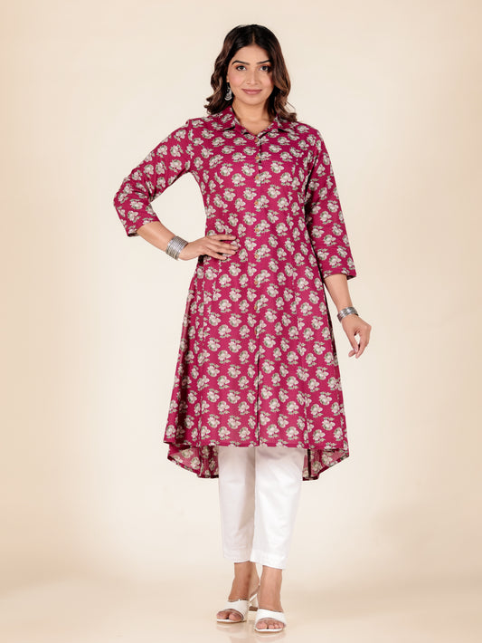 Soft Cotton Floral High Low Pink Kurta