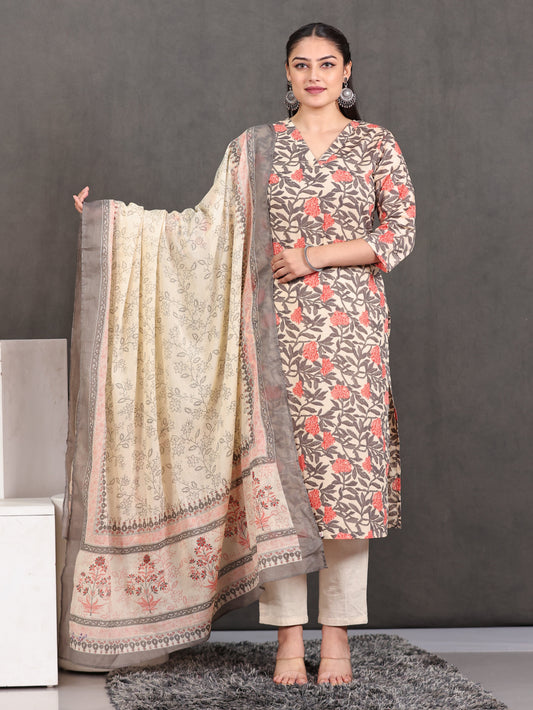 Cotton Voile Floral Beige Dupatta