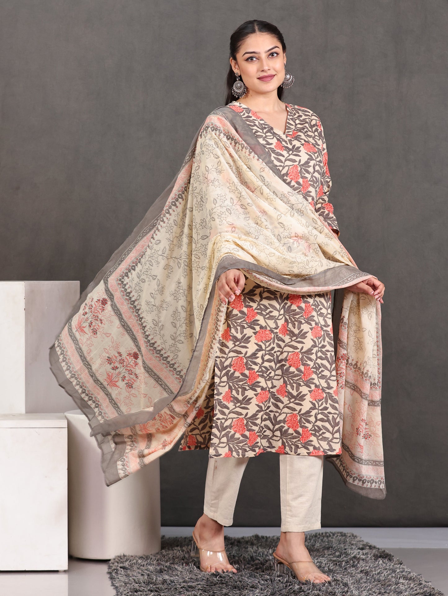 Cotton Voile Floral Beige Dupatta