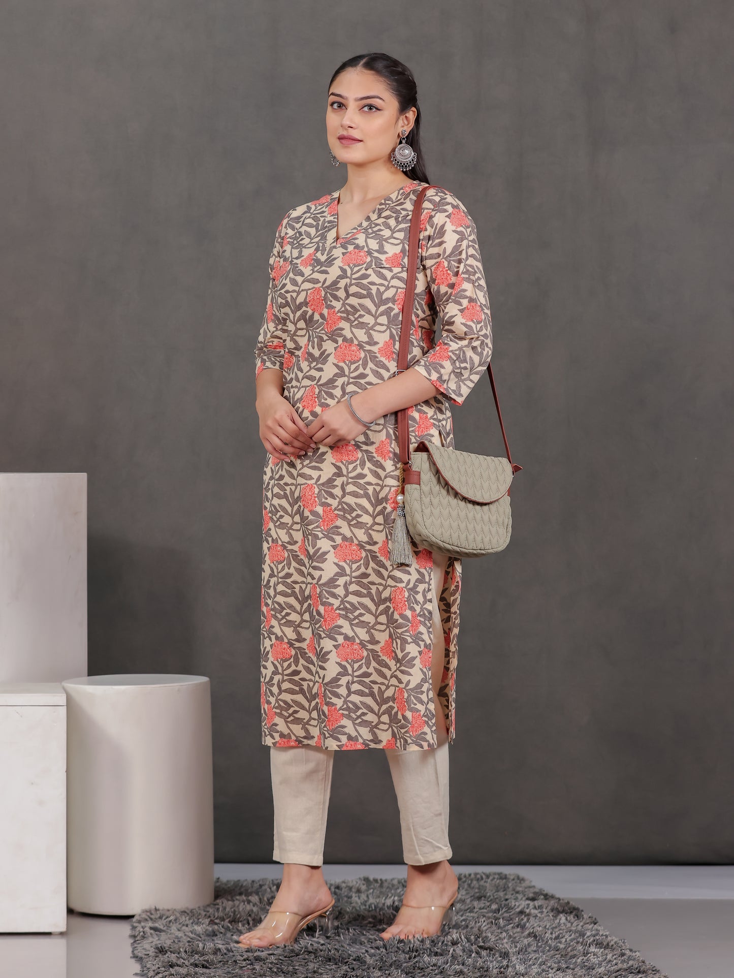 Soft Cotton Floral Straight Off White Kurta