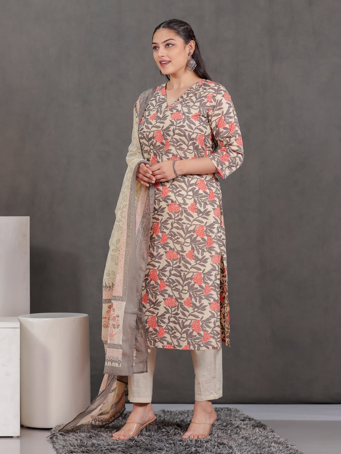 Soft Cotton Floral Straight Off White Kurta