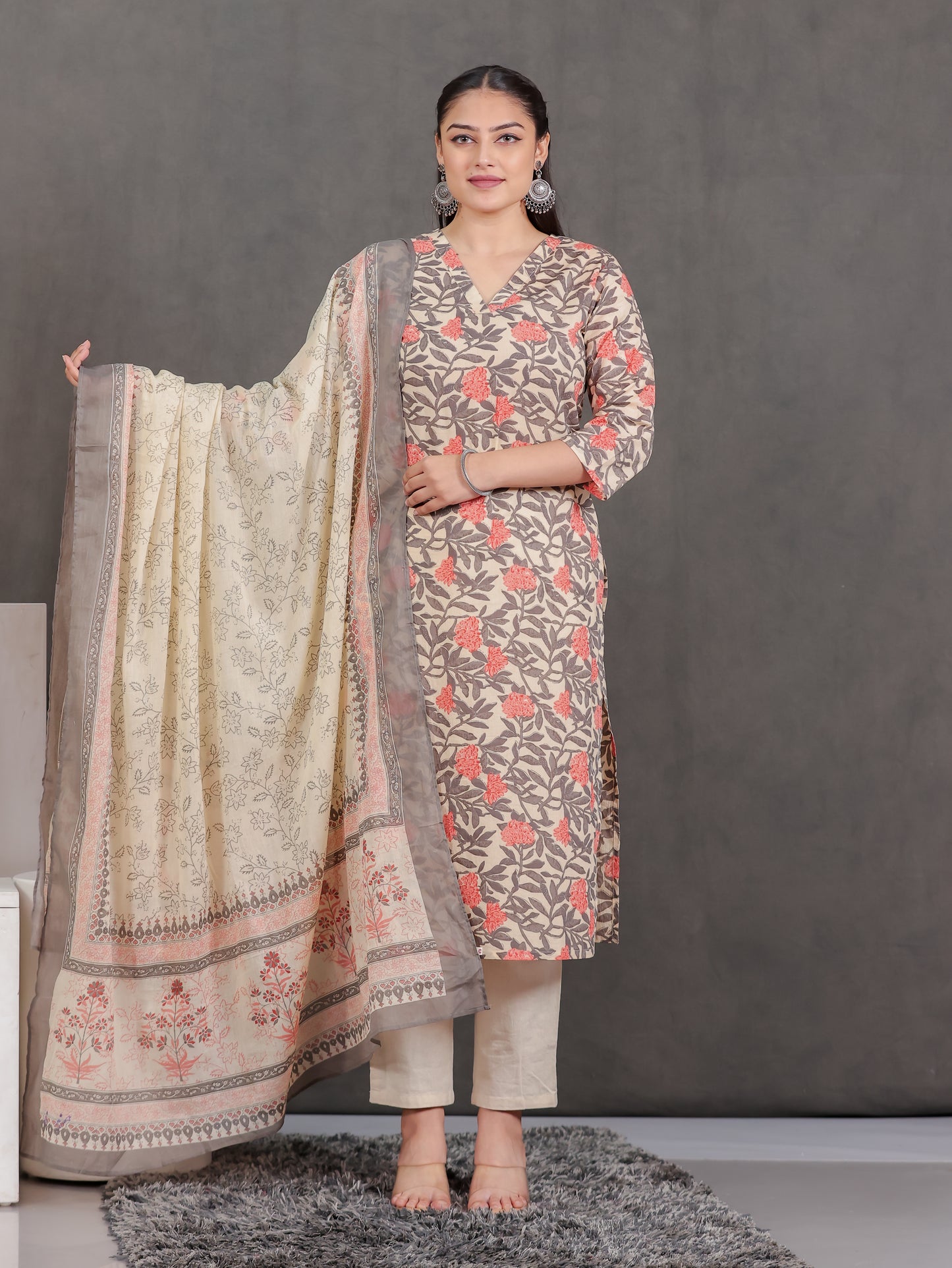 Soft Cotton Floral Straight Off White Kurta