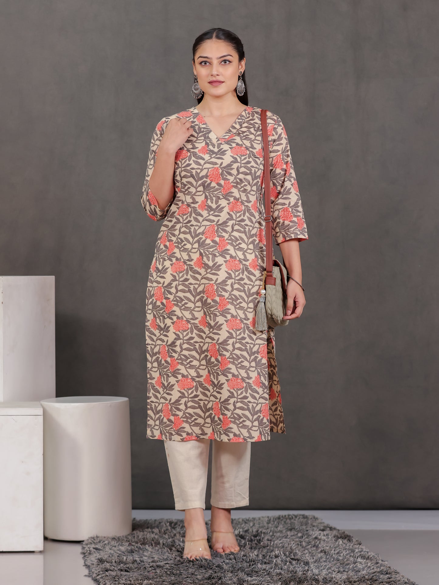 Soft Cotton Floral Straight Off White Kurta