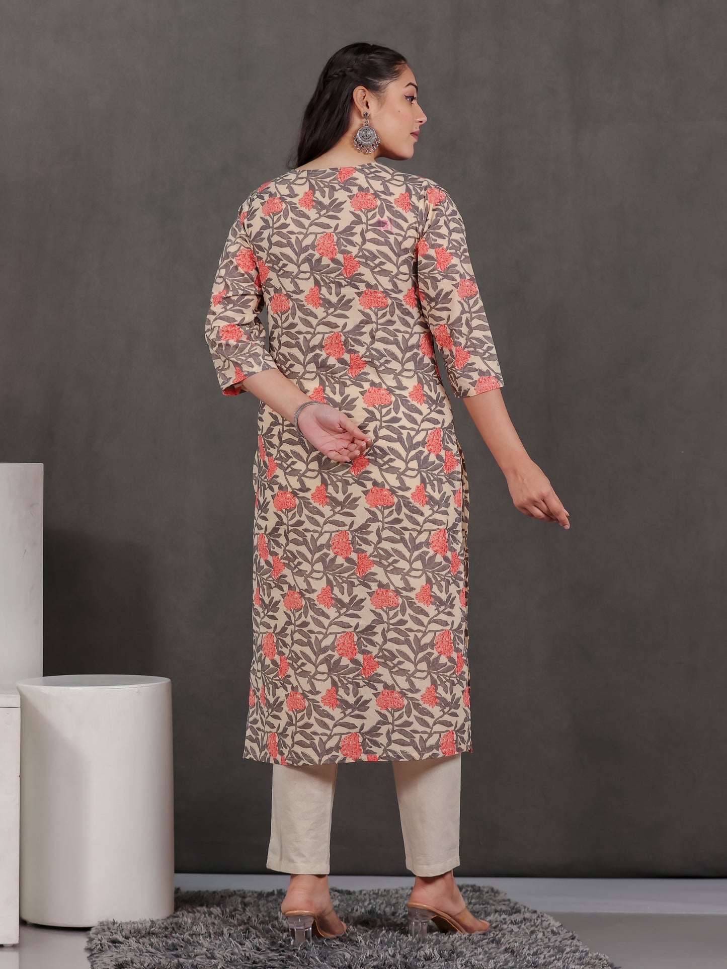 Soft Cotton Floral Straight Off White Kurta