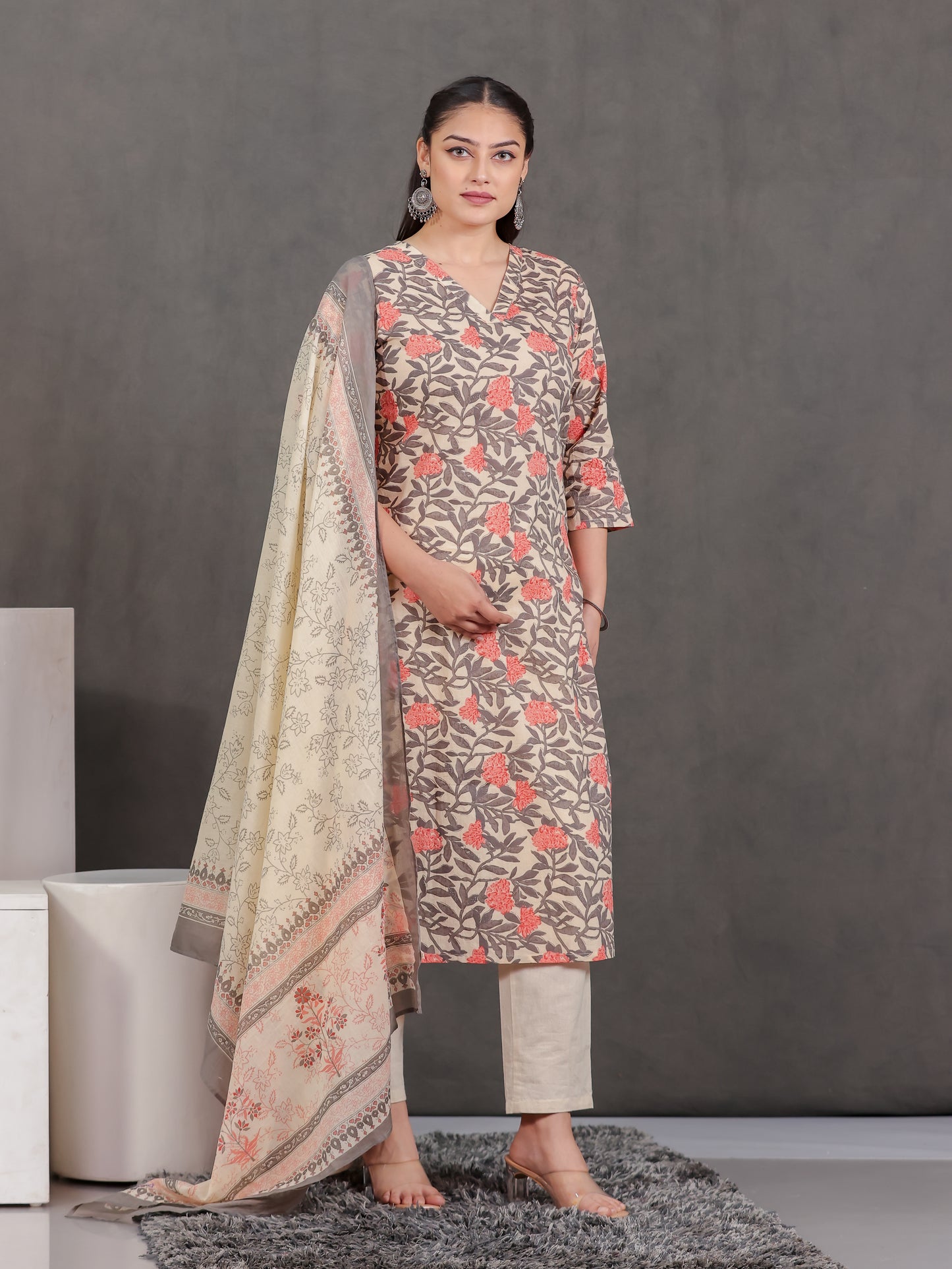 Soft Cotton Floral Straight Off White Kurta