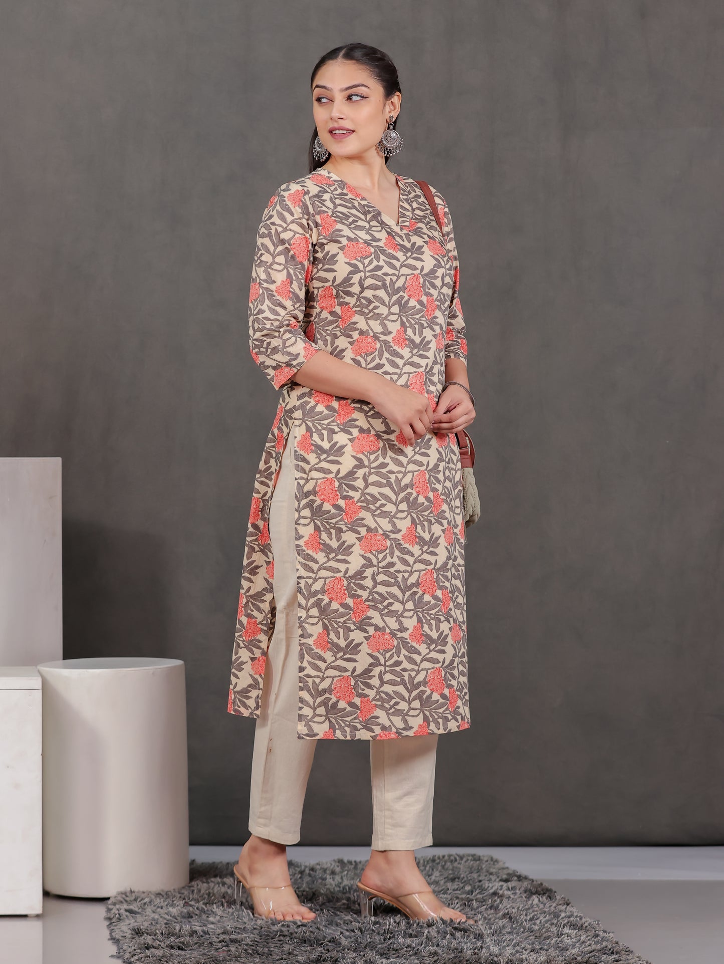 Soft Cotton Floral Straight Off White Kurta
