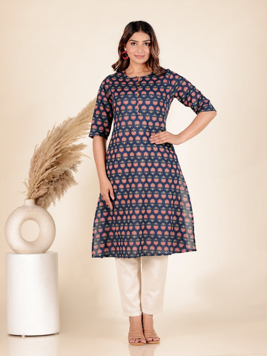 Soft Cotton Floral A-line Blue Kurta