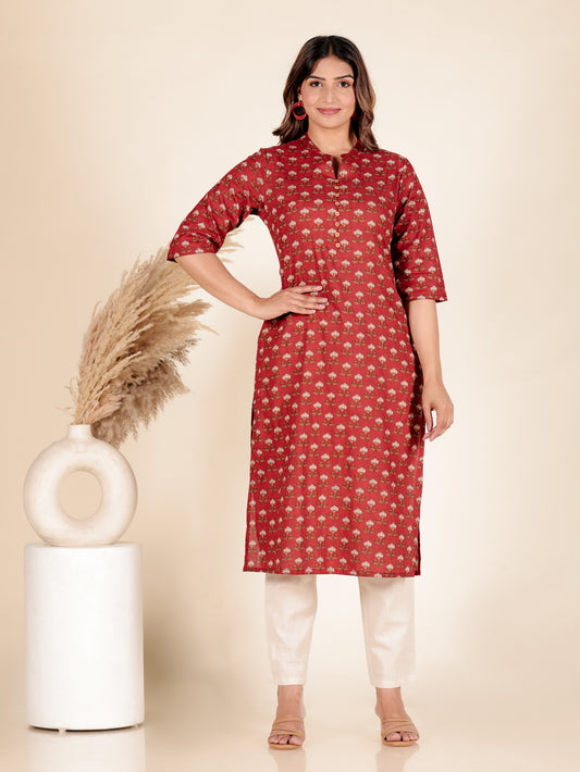 Soft Cotton Floral Straight Red Kurta