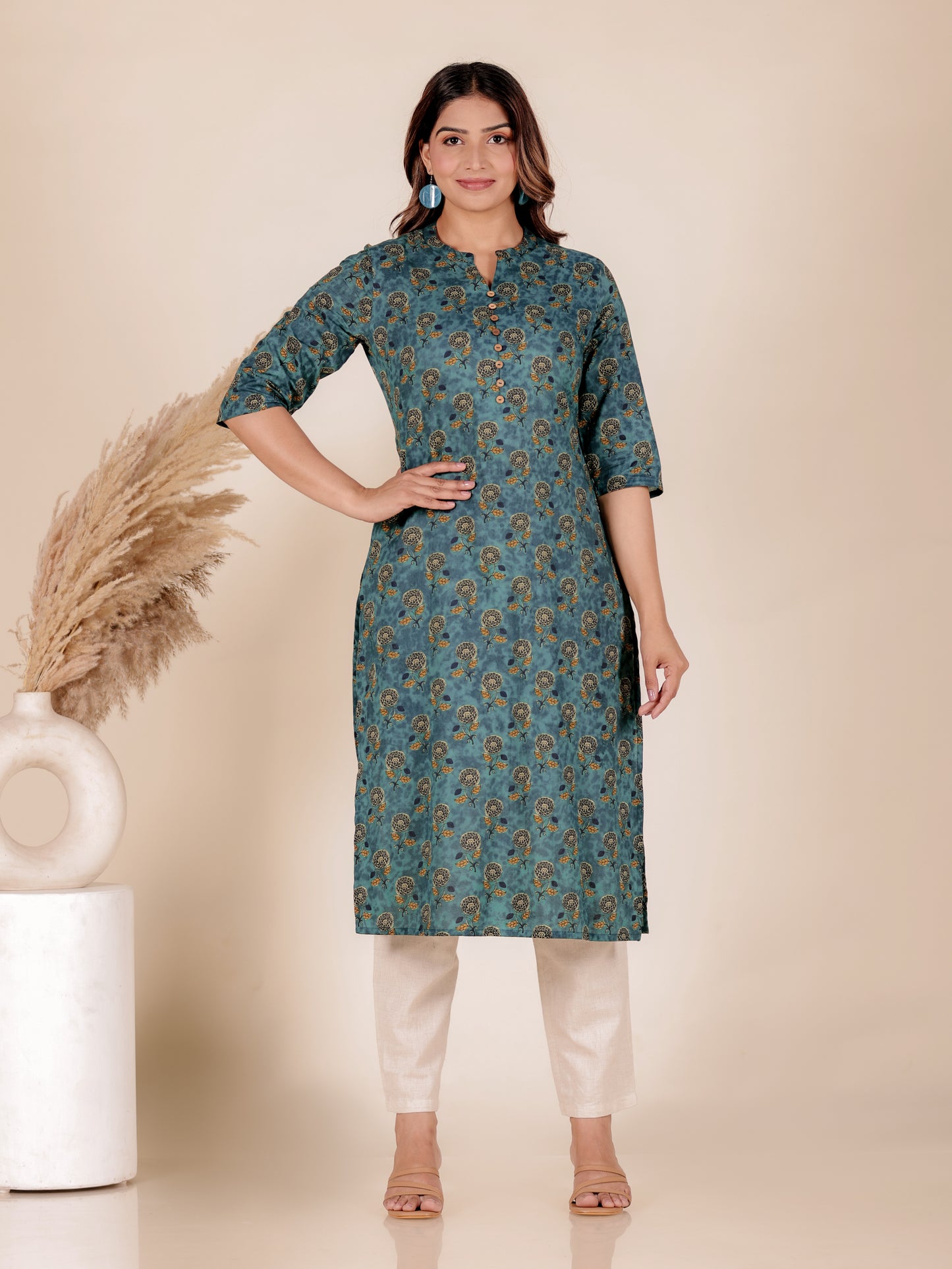 Soft Cotton Floral Straight Emerald Green Kurta