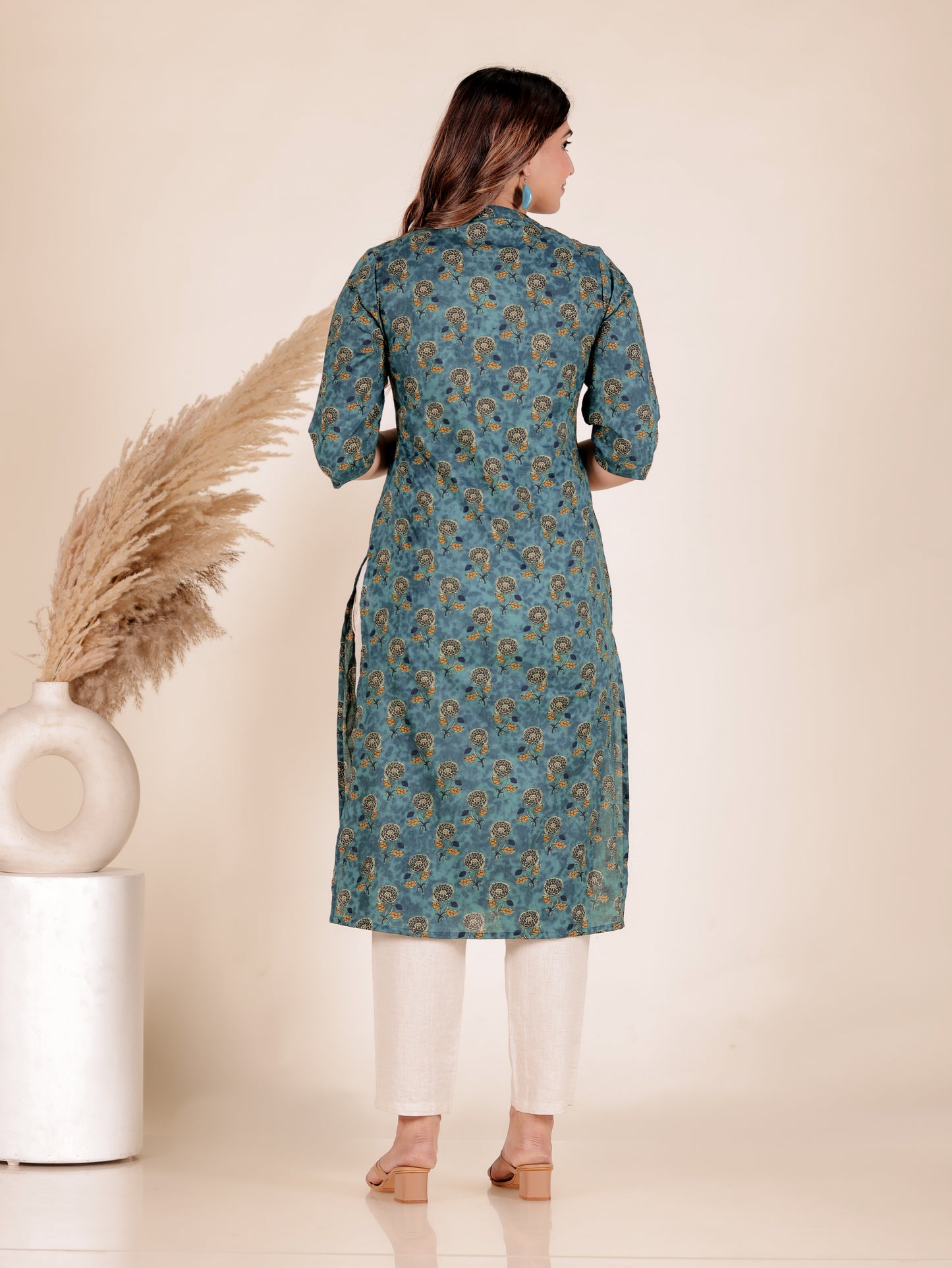 Soft Cotton Floral Straight Emerald Green Kurta