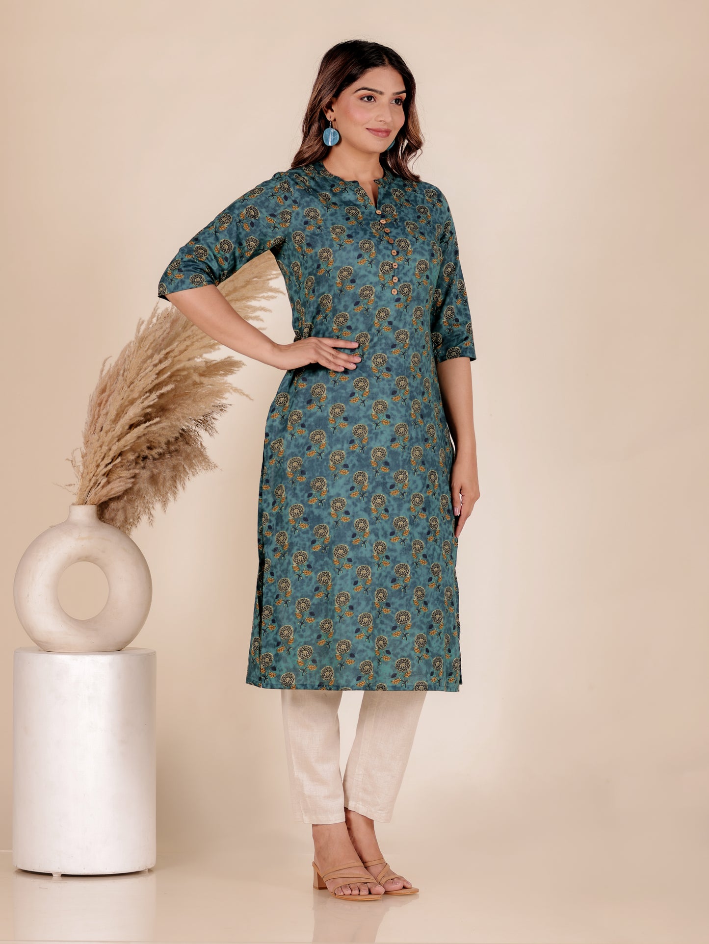 Soft Cotton Floral Straight Emerald Green Kurta