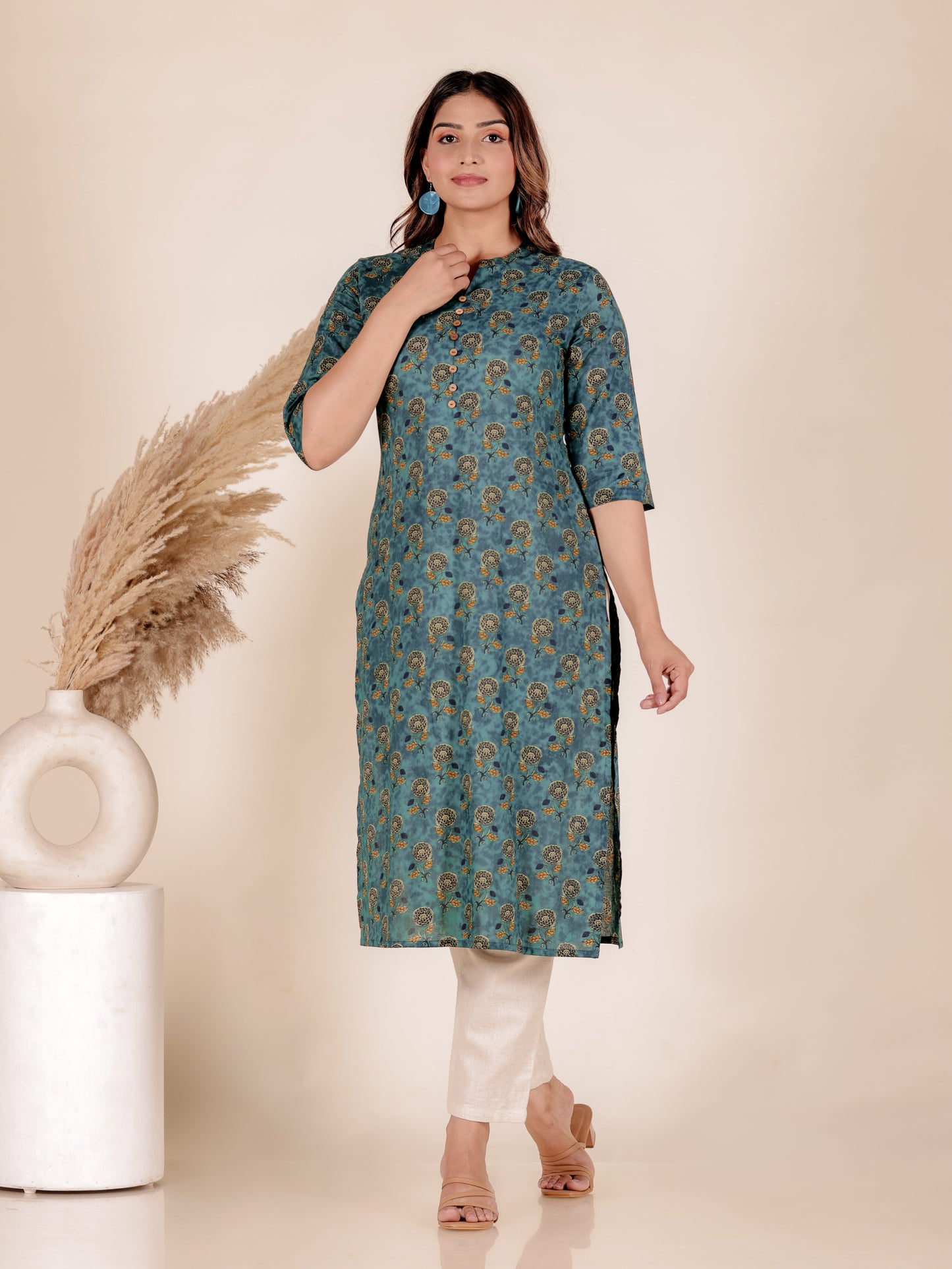 Soft Cotton Floral Straight Emerald Green Kurta