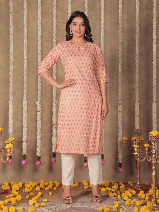 Soft Cotton Floral Straight Pink Kurta
