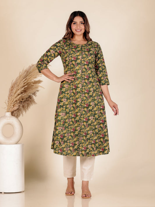 Kantha Cotton Floral A-line Green Kurta