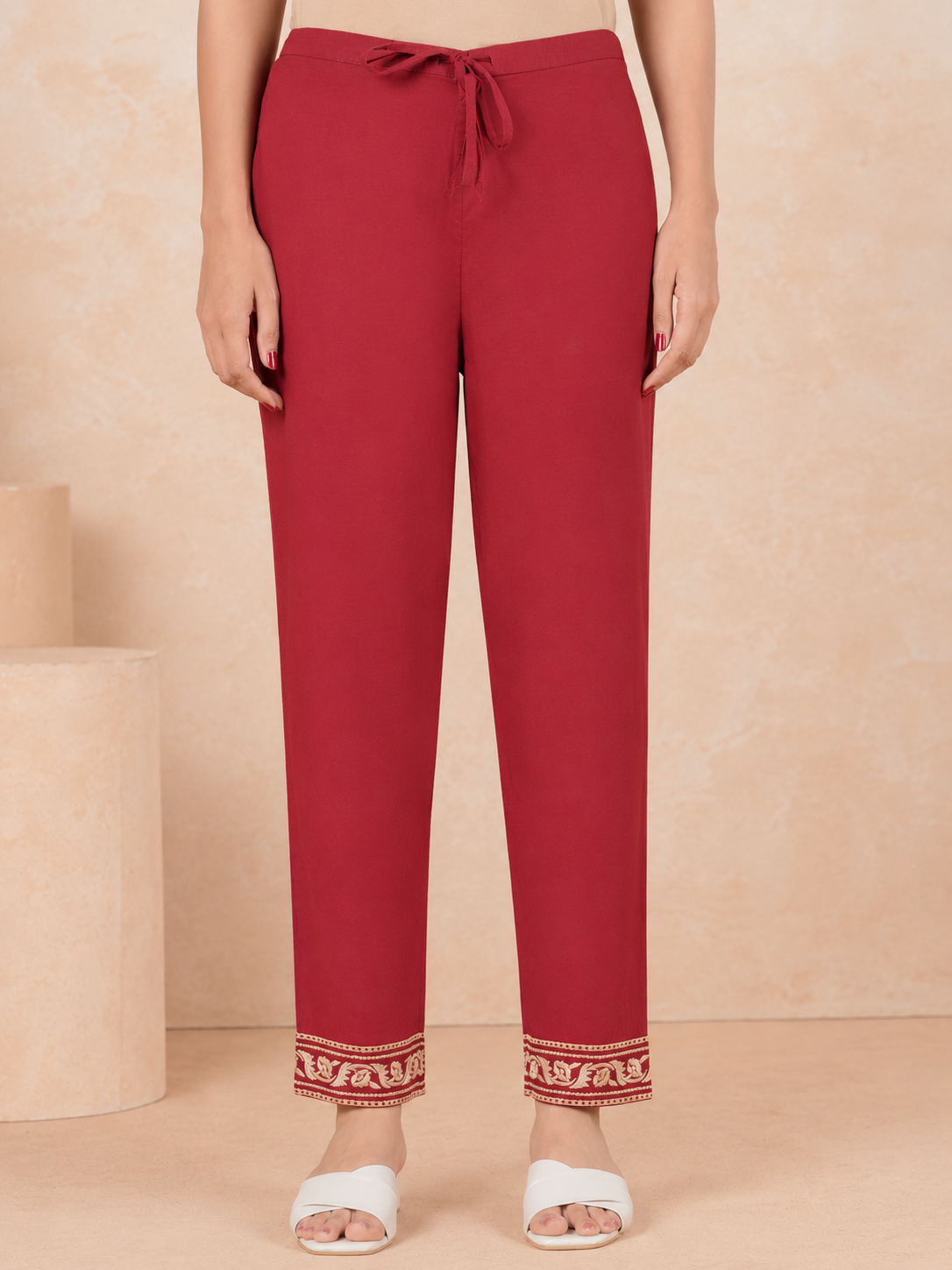 Embroidered Soft Cotton Solid Maroon Tapered Trousers