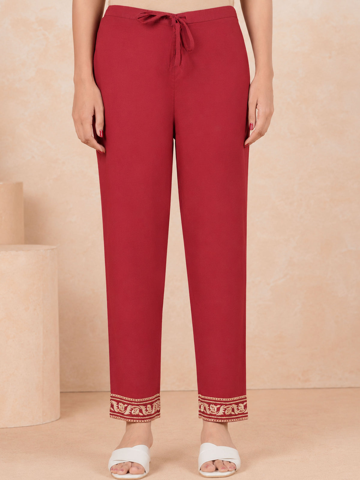 Embroidered Soft Cotton Solid Maroon Tapered Trousers