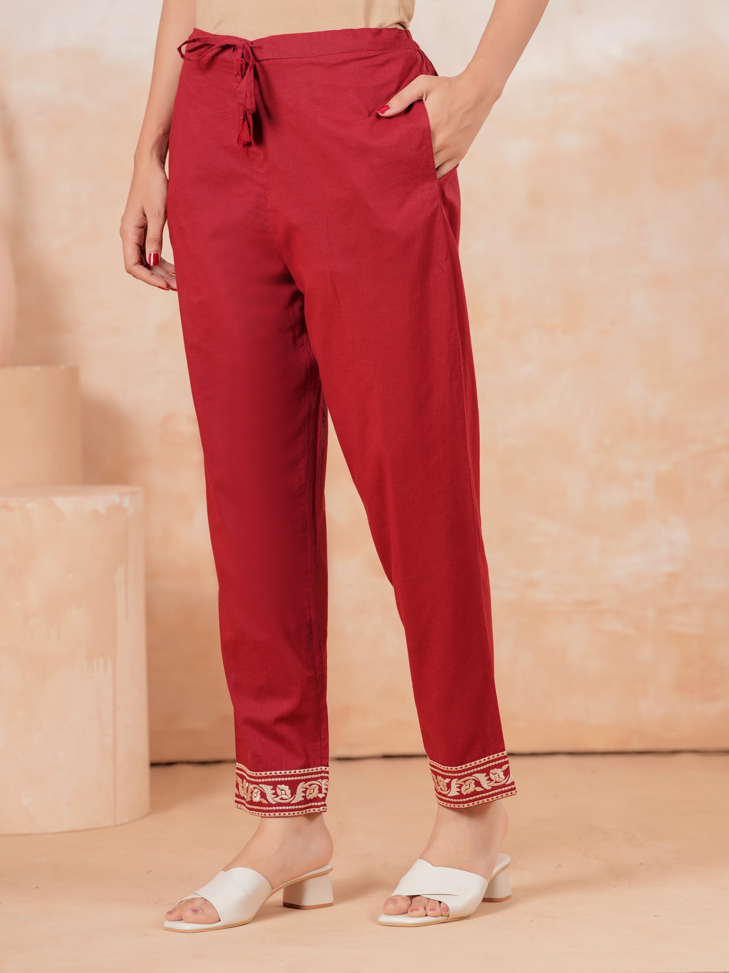 Embroidered Soft Cotton Solid Maroon Tapered Trousers
