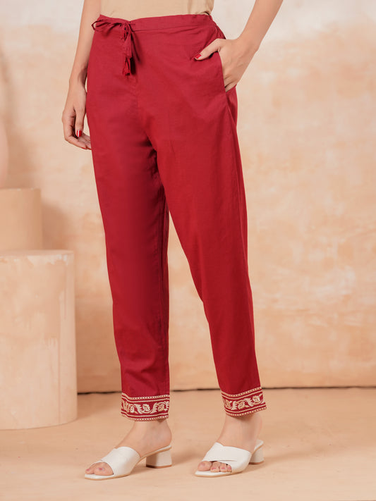Embroidered Soft Cotton Solid Maroon Tapered Trousers