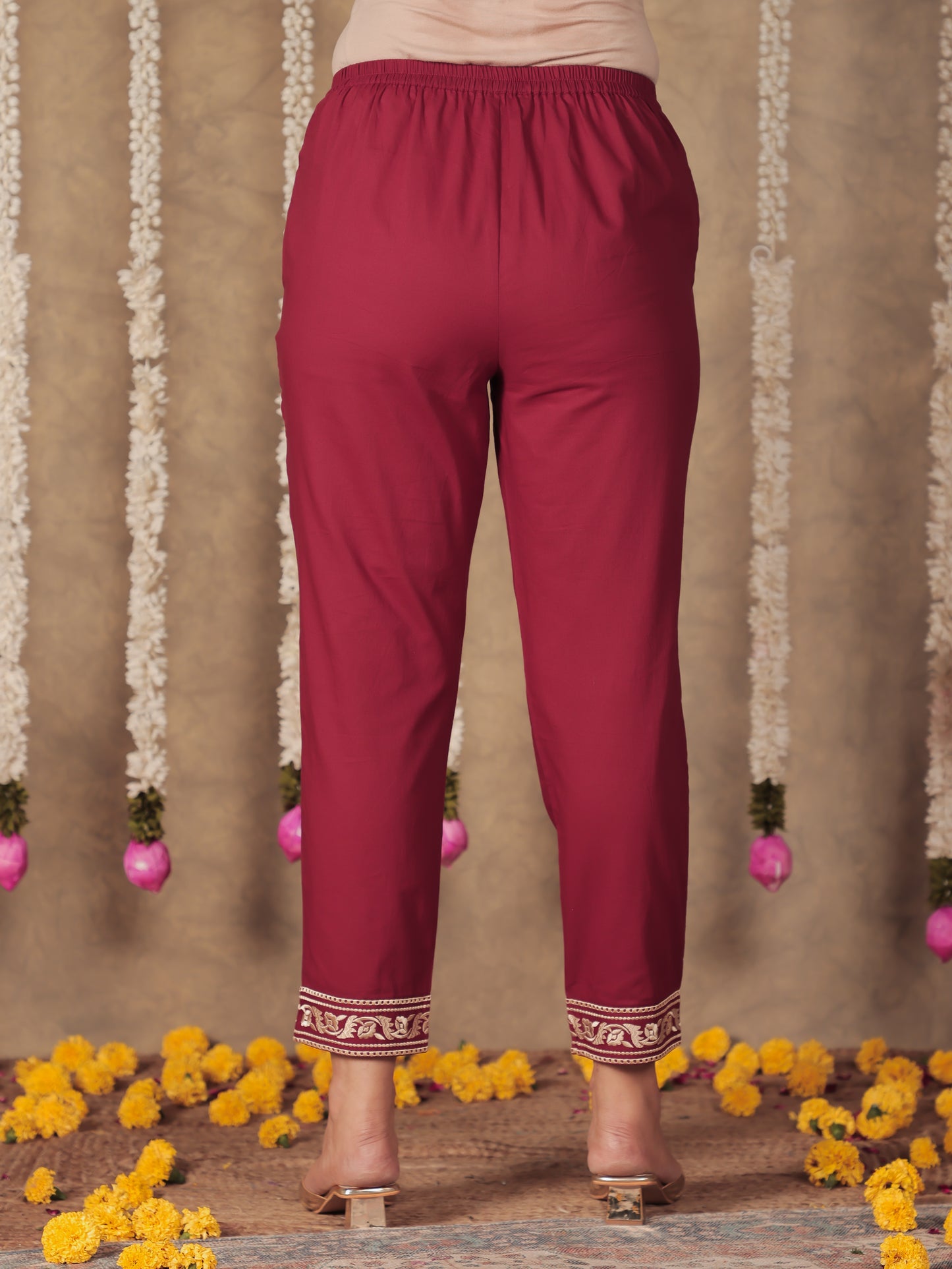 Soft Cotton Solid Maroon Tapered Trousers