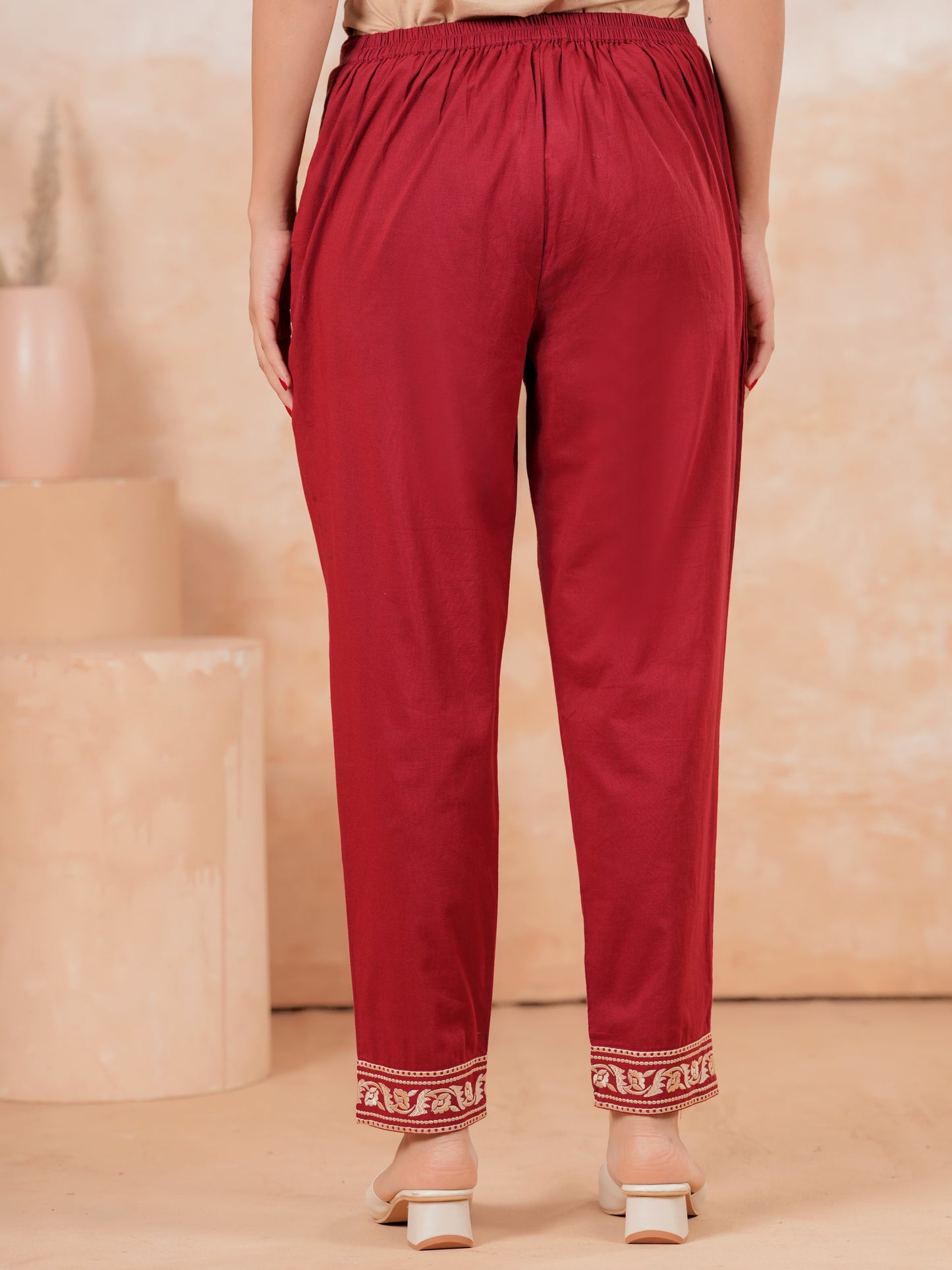 Embroidered Soft Cotton Solid Maroon Tapered Trousers