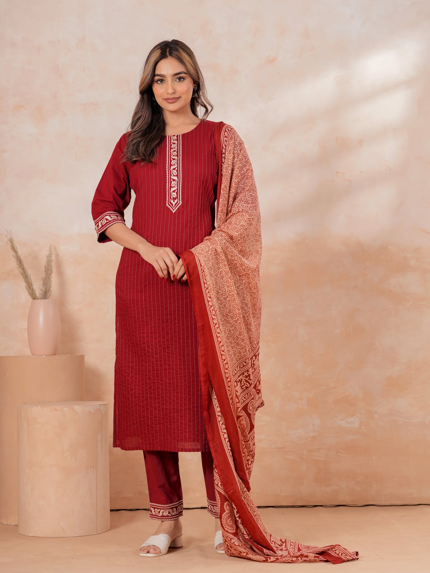 Voile Cotton Floral Maroon Dupatta