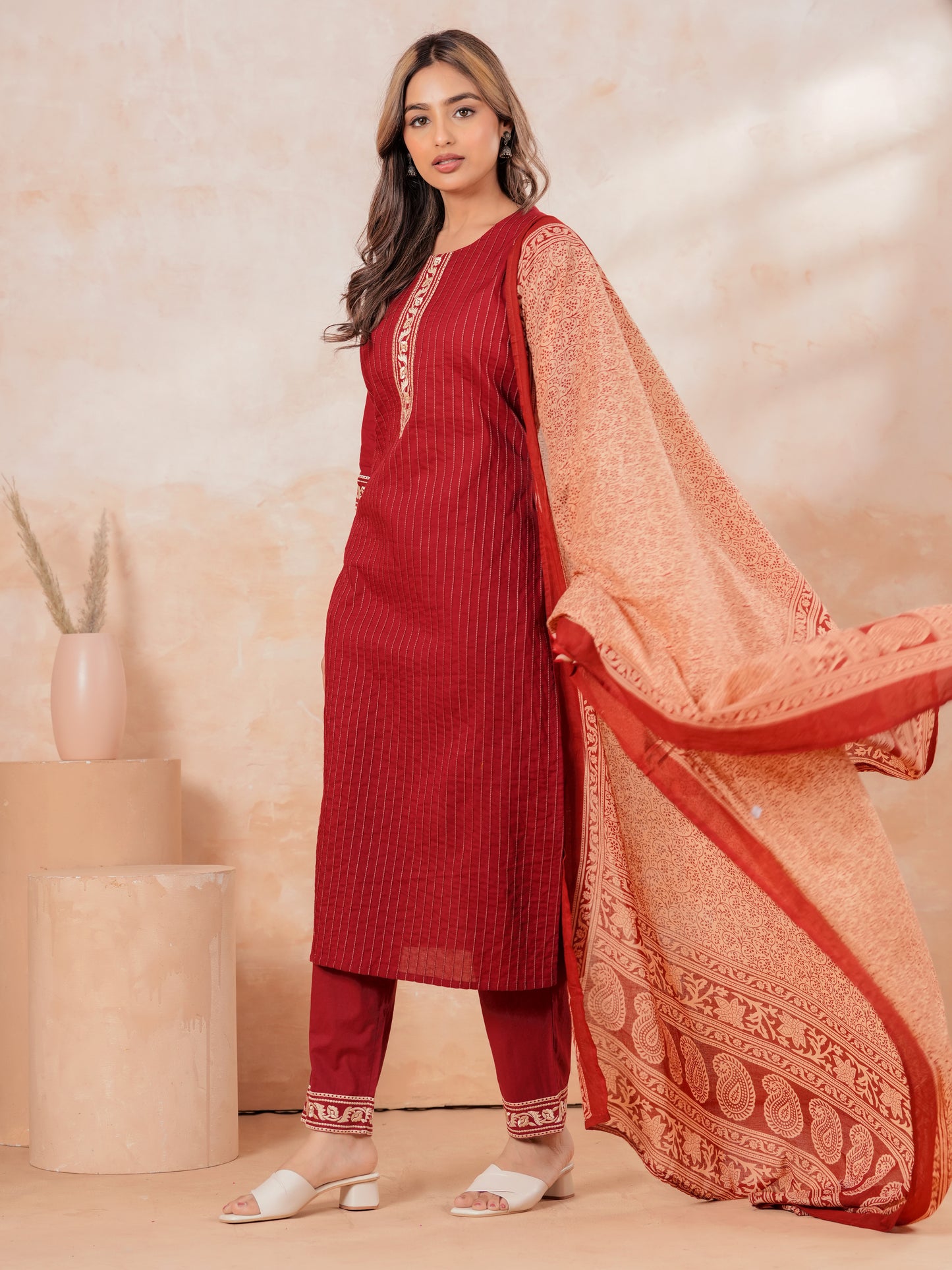 Voile Cotton Floral Maroon Dupatta