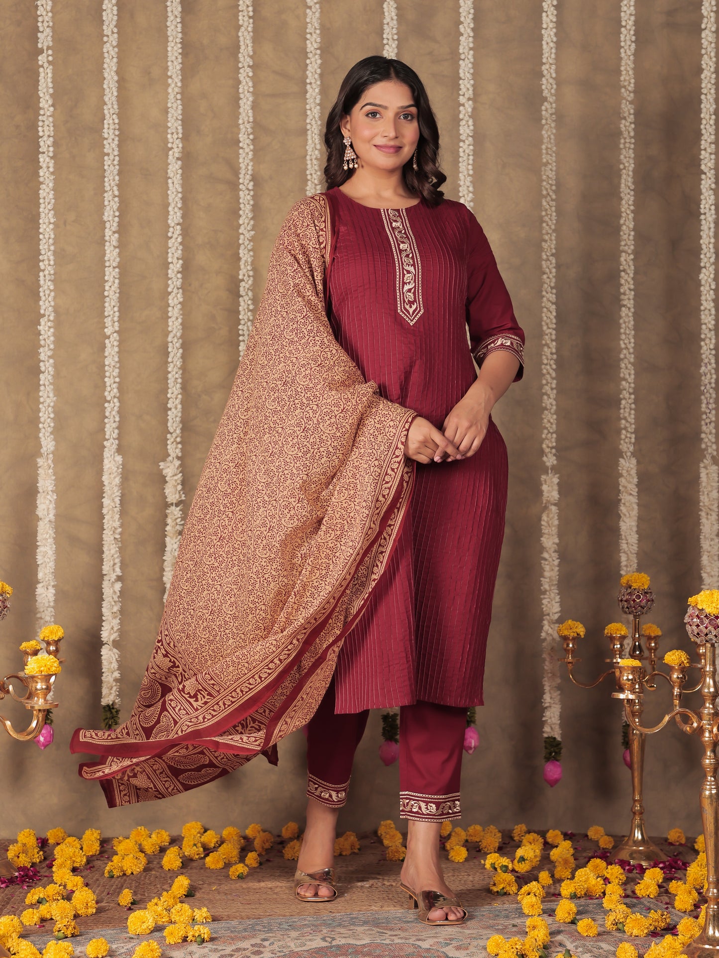 Voile Cotton Floral Maroon Dupatta