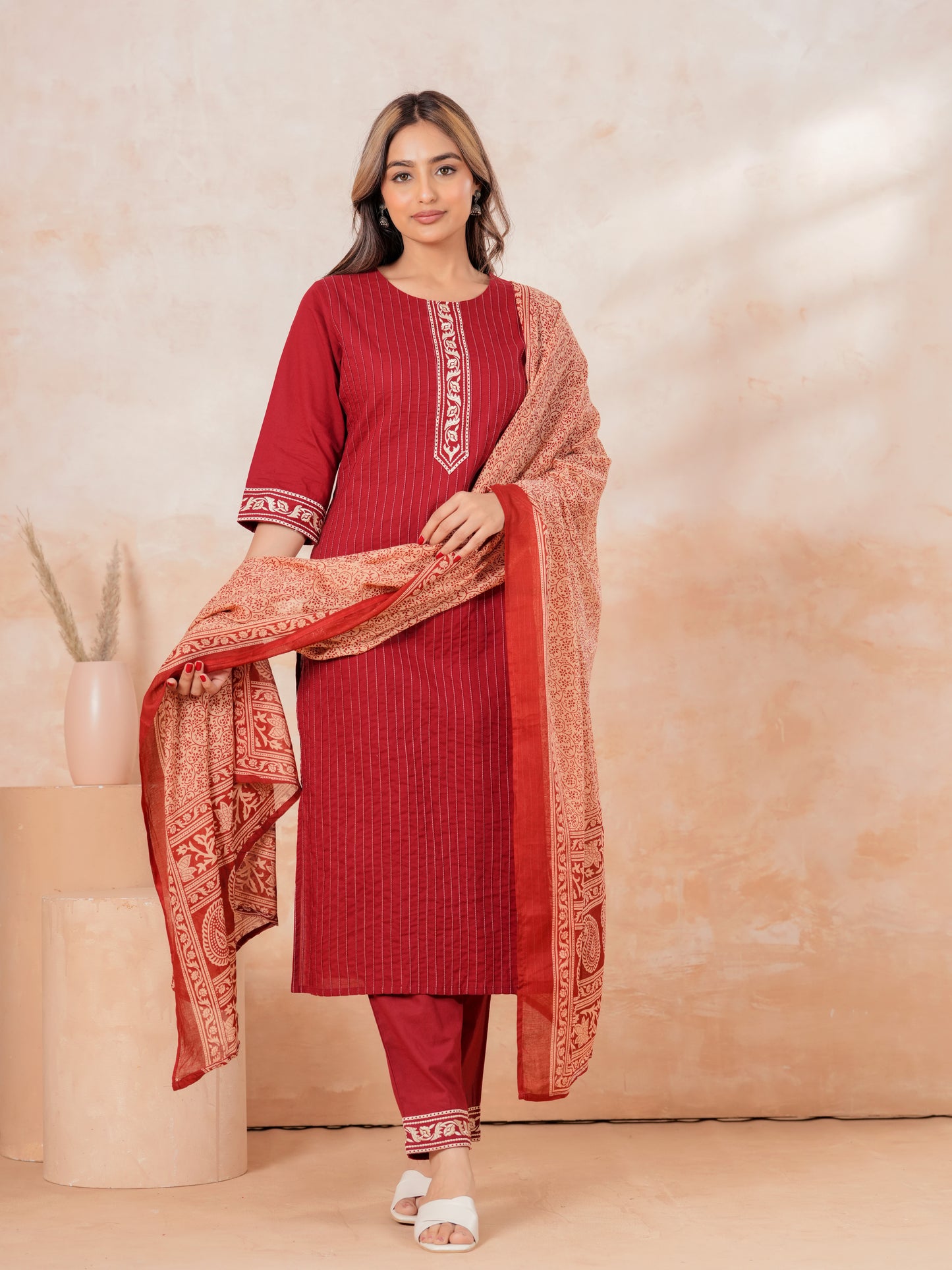 Voile Cotton Floral Maroon Dupatta