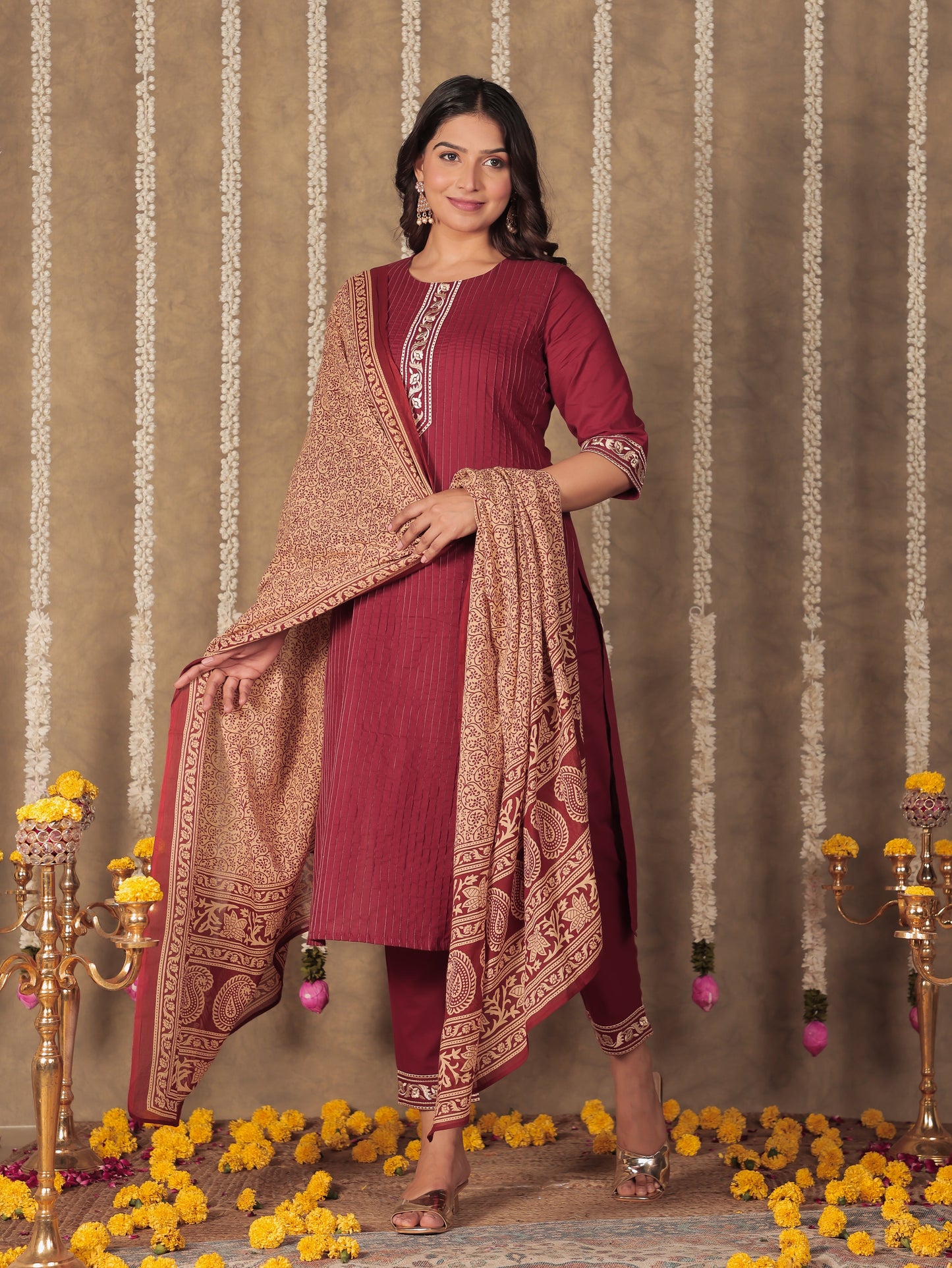 Voile Cotton Floral Maroon Dupatta