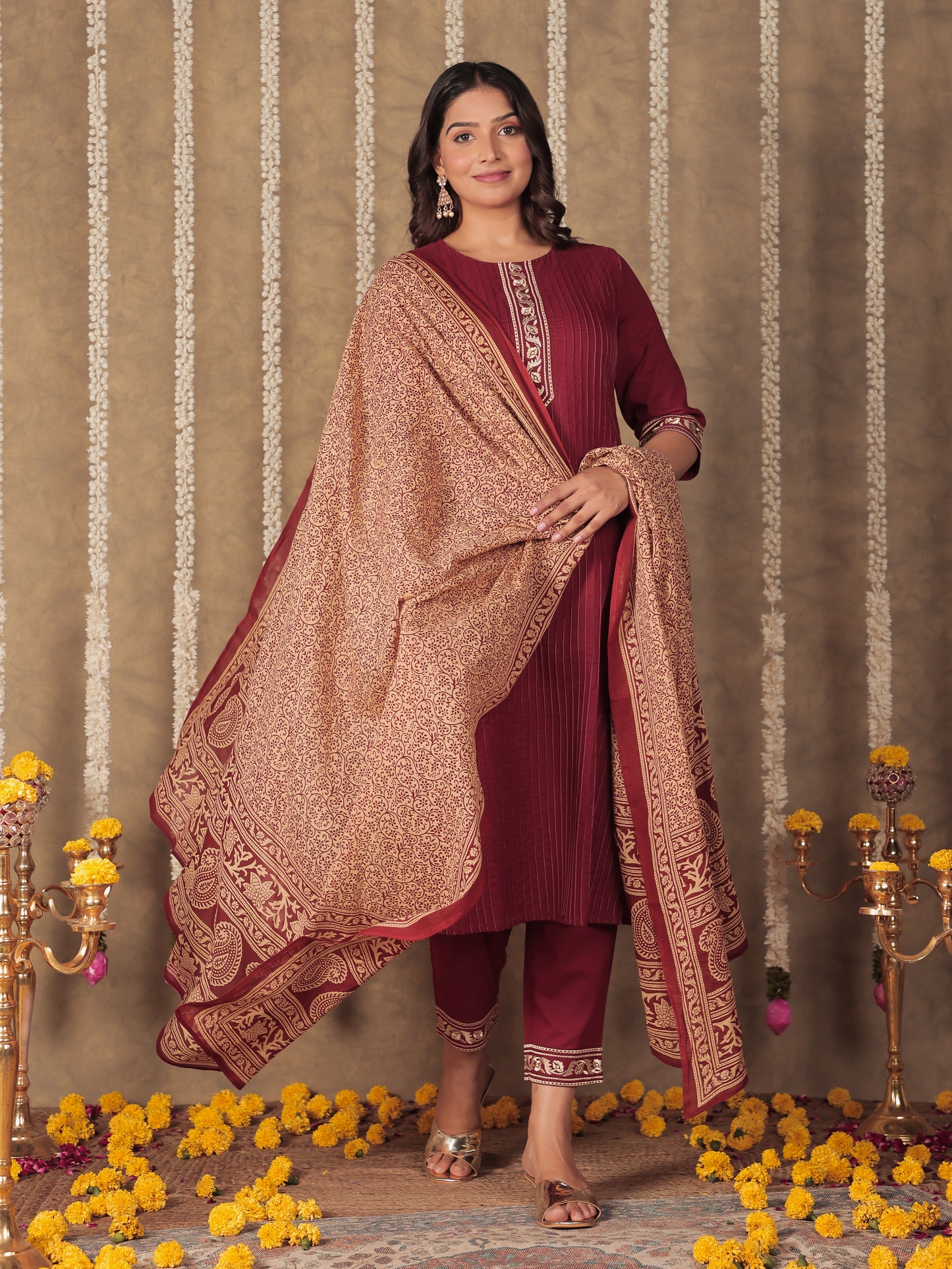 Voile Cotton Floral Maroon Dupatta