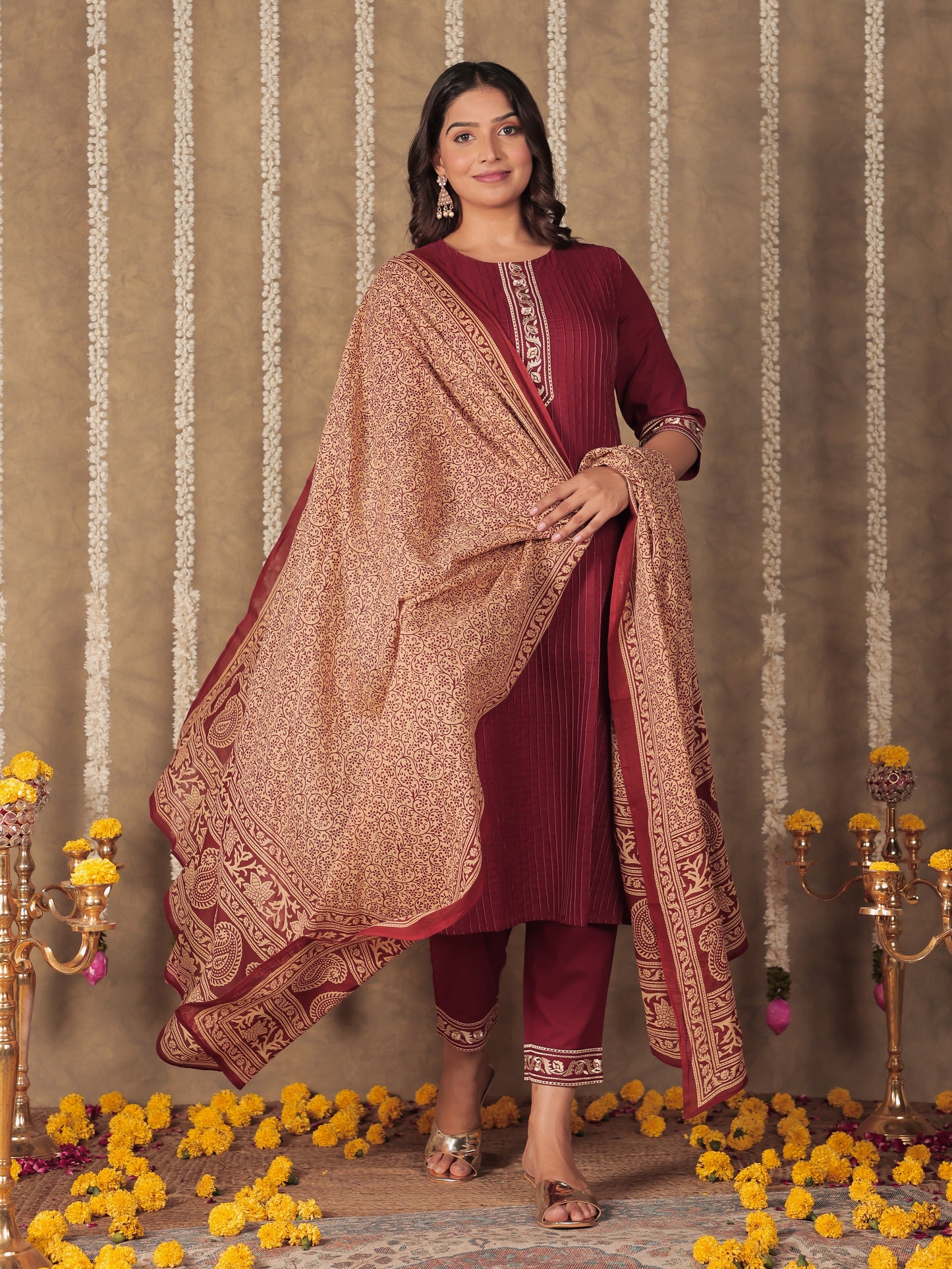 Voile Cotton Floral Maroon Dupatta