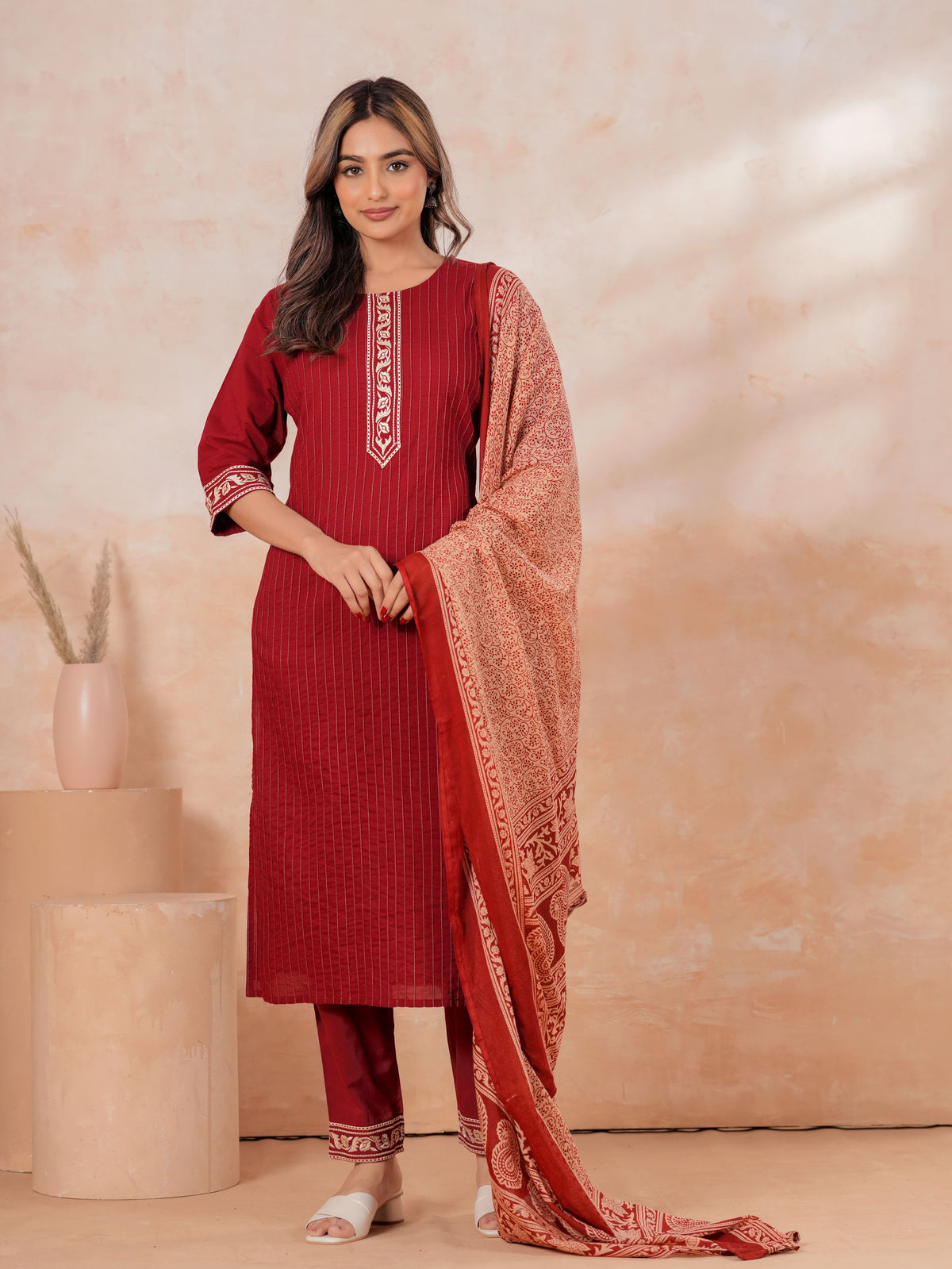 Embroidered Soft Cotton Solid Straight Maroon Kurta