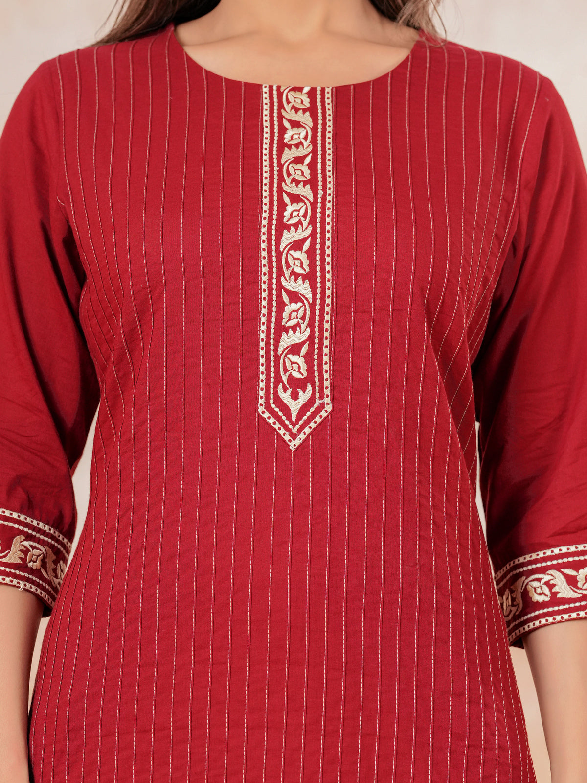 Embroidered Soft Cotton Solid Straight Maroon Kurta