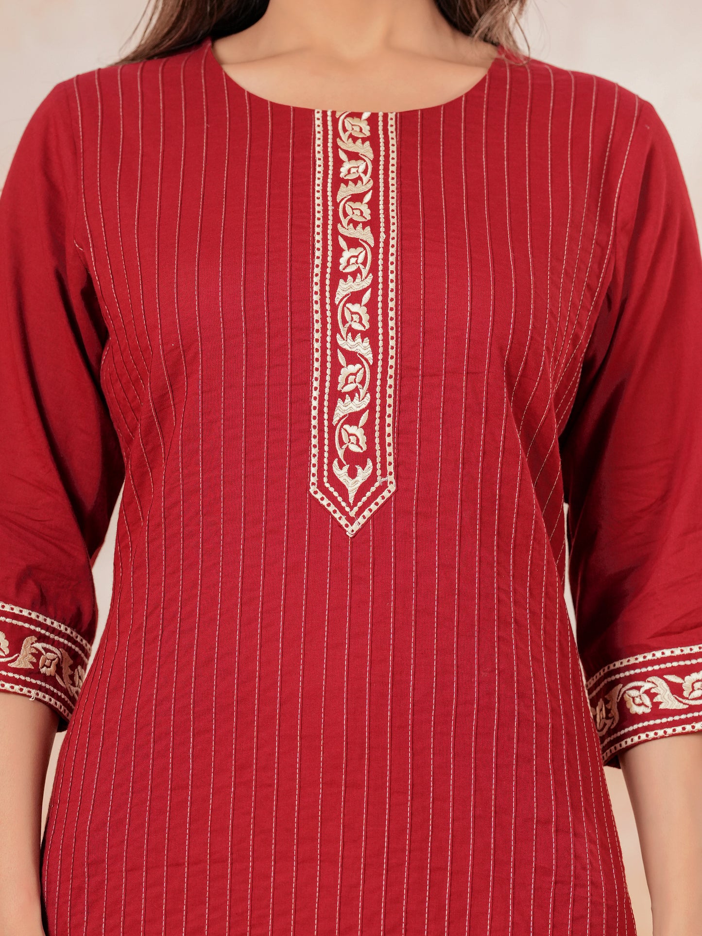 Embroidered Soft Cotton Solid Straight Maroon Kurta