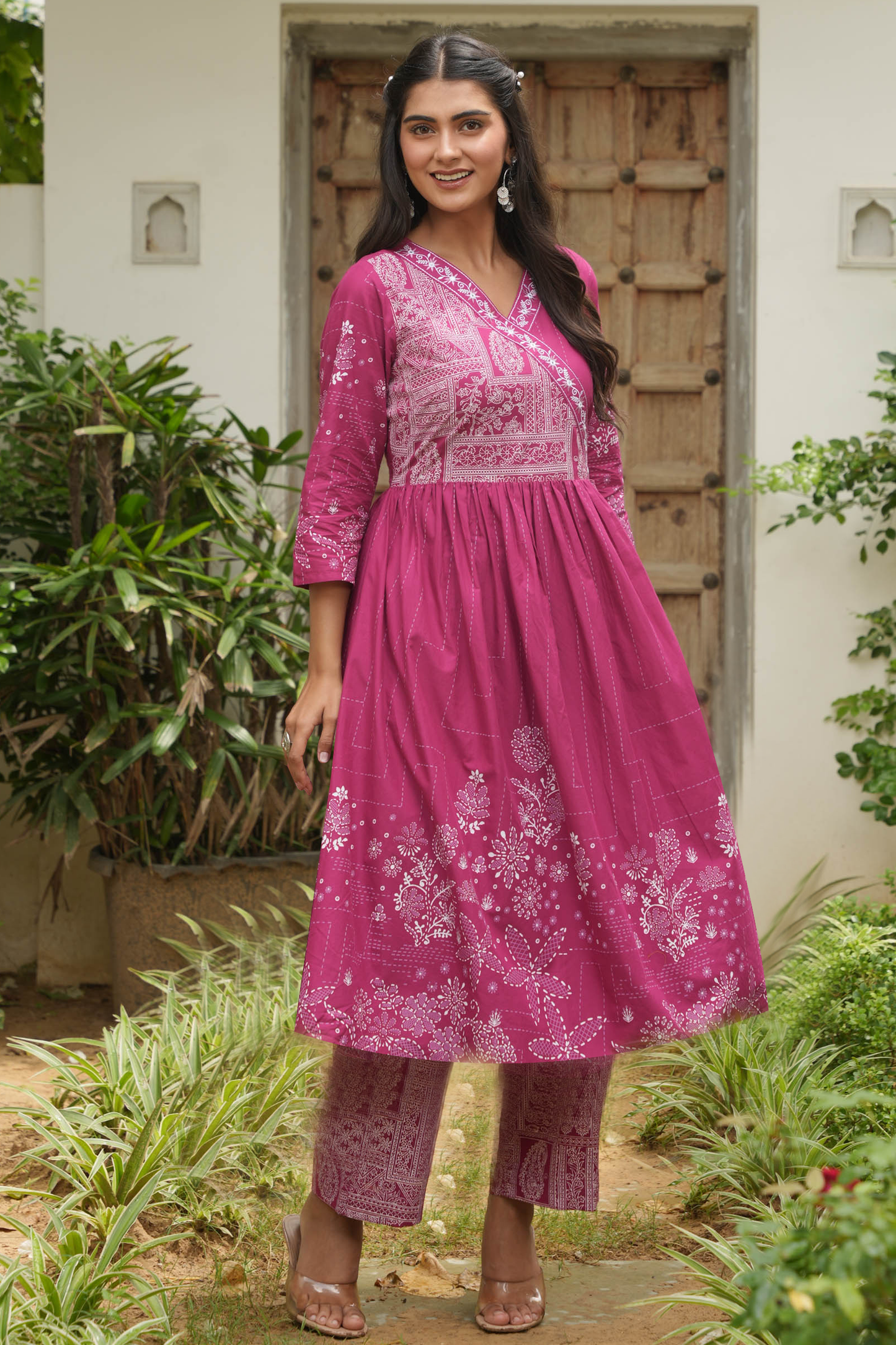 Embroidered Soft Cotton Placement Print Angrakha Purple Kurta