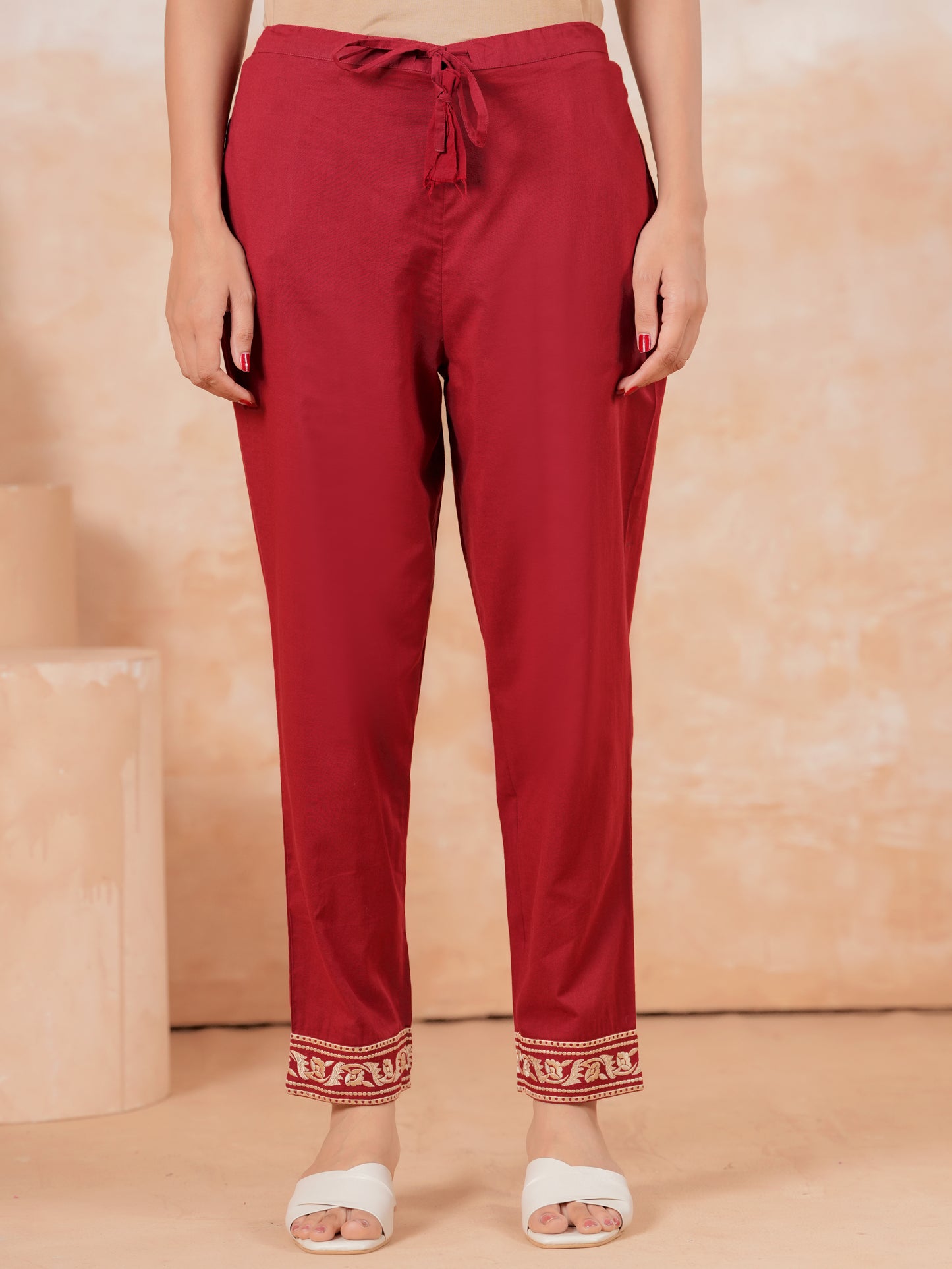 Embroidered Soft Cotton Solid Straight Maroon Kurta