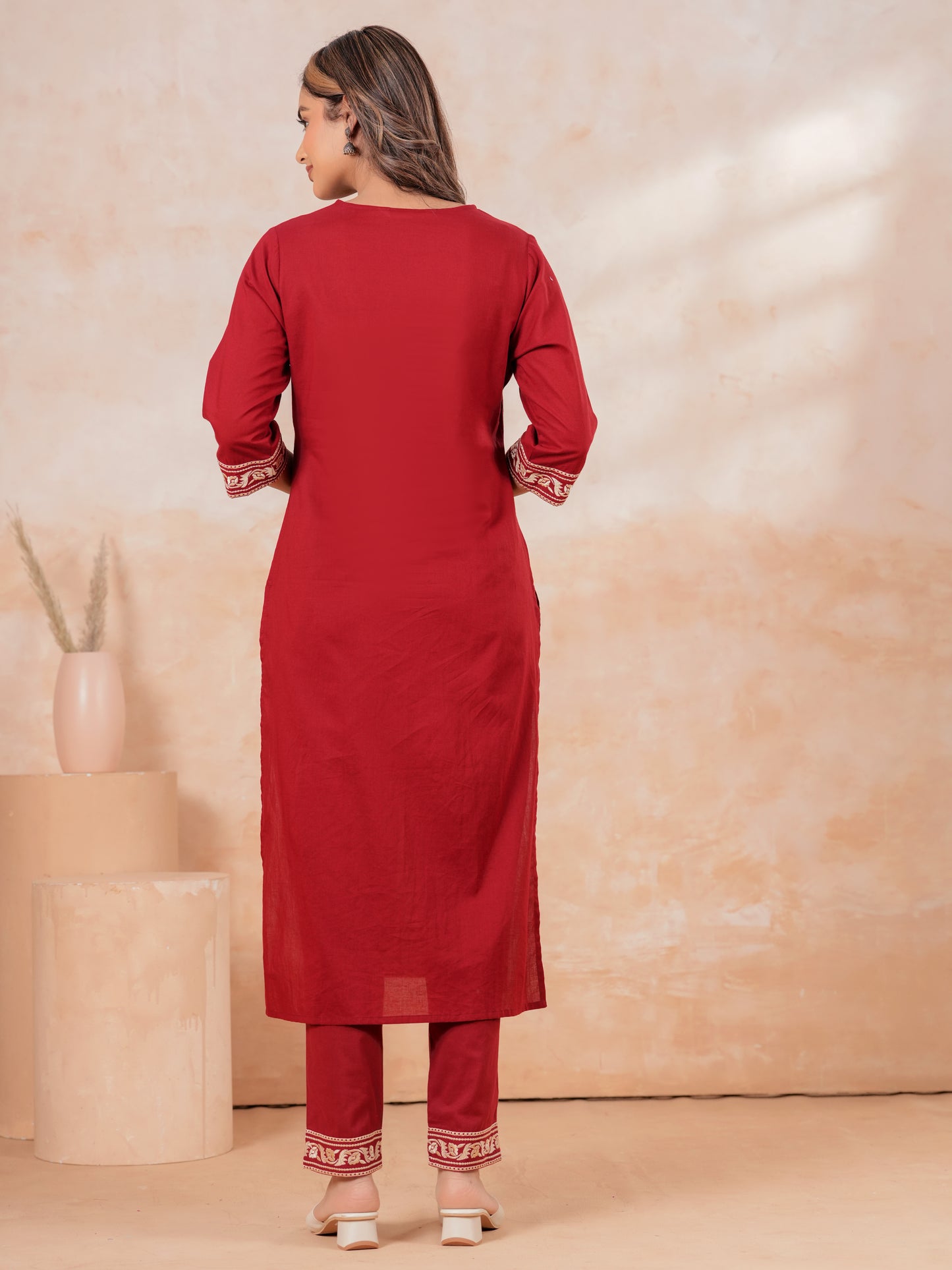Embroidered Soft Cotton Solid Straight Maroon Kurta