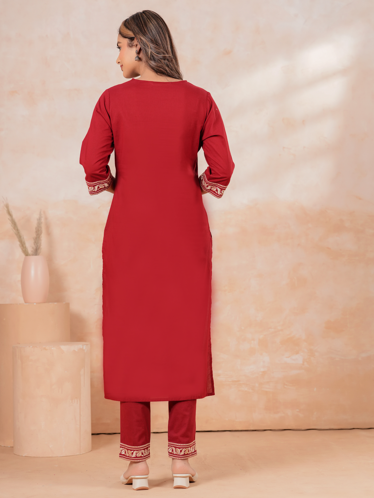Embroidered Soft Cotton Solid Straight Maroon Kurta