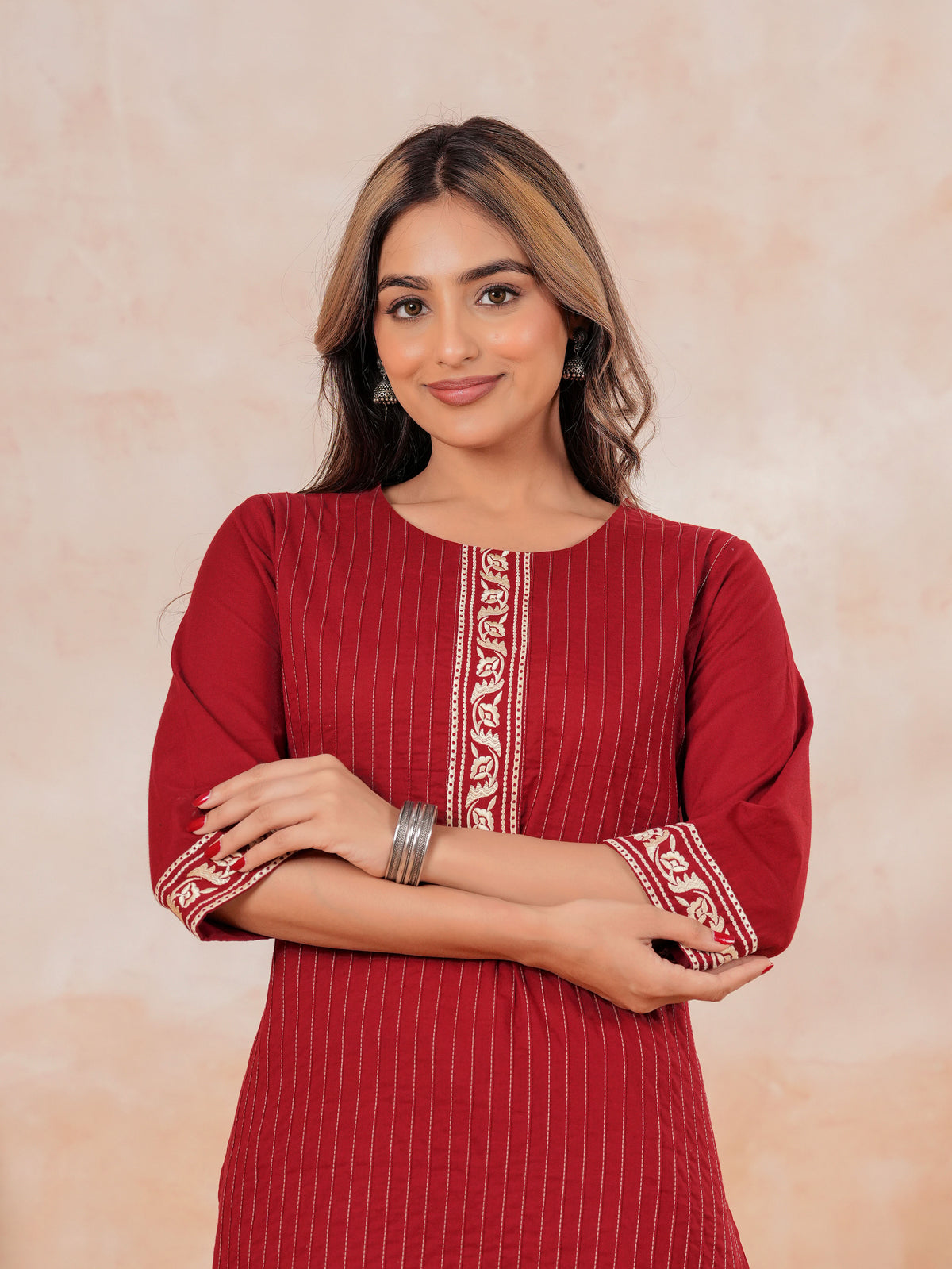 Embroidered Soft Cotton Solid Straight Maroon Kurta