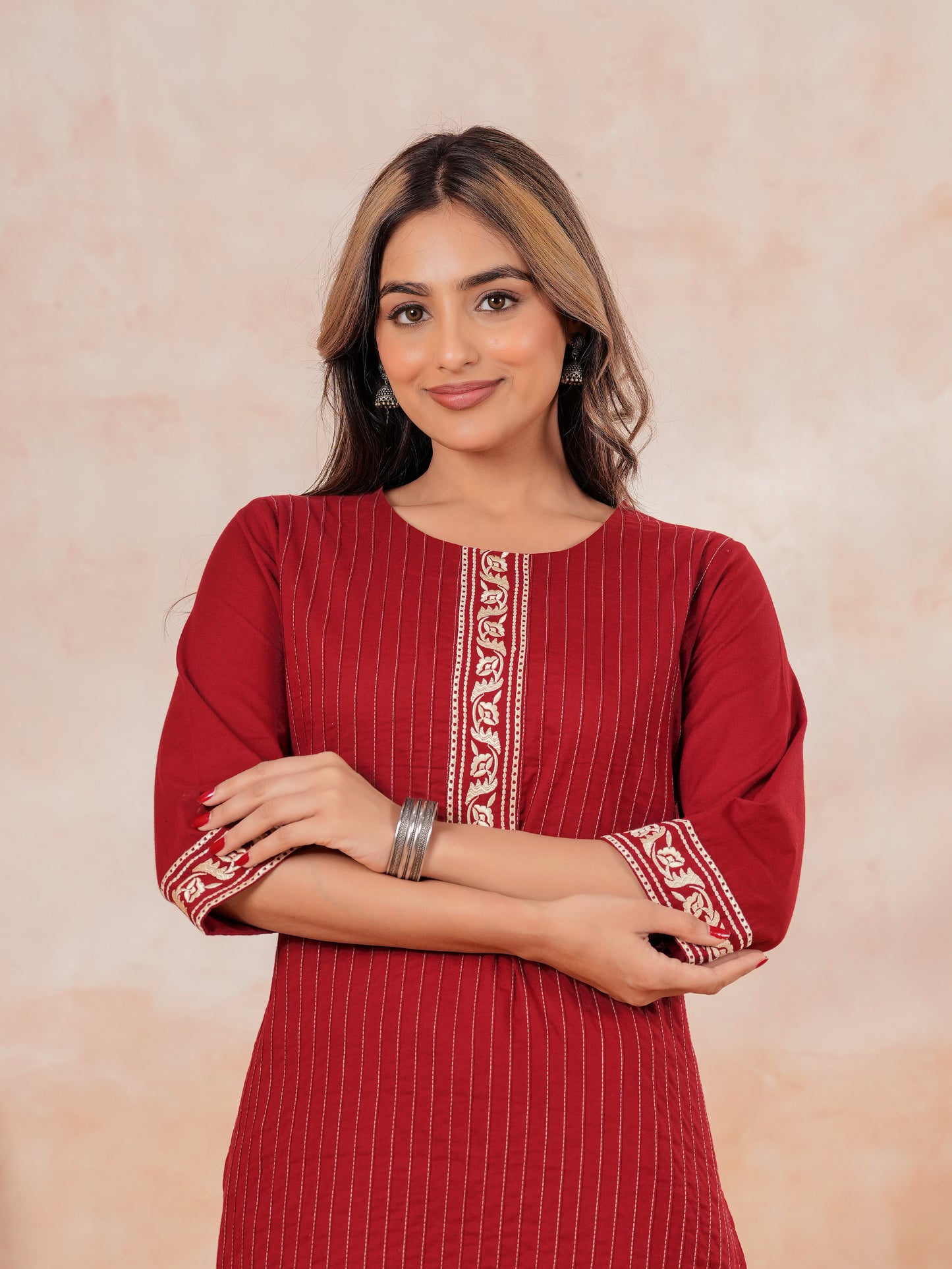Embroidered Soft Cotton Solid Straight Maroon Kurta