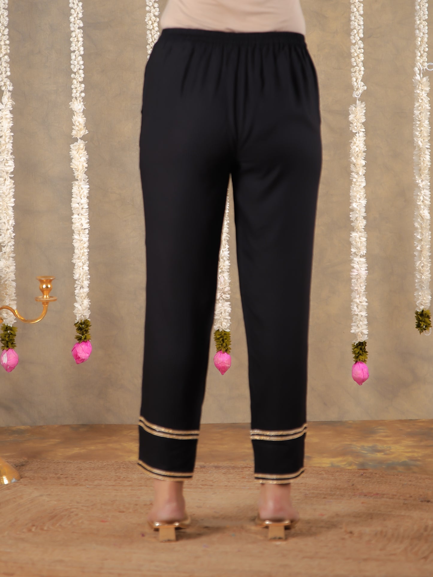 Viscose Solid Black Tapered Trousers