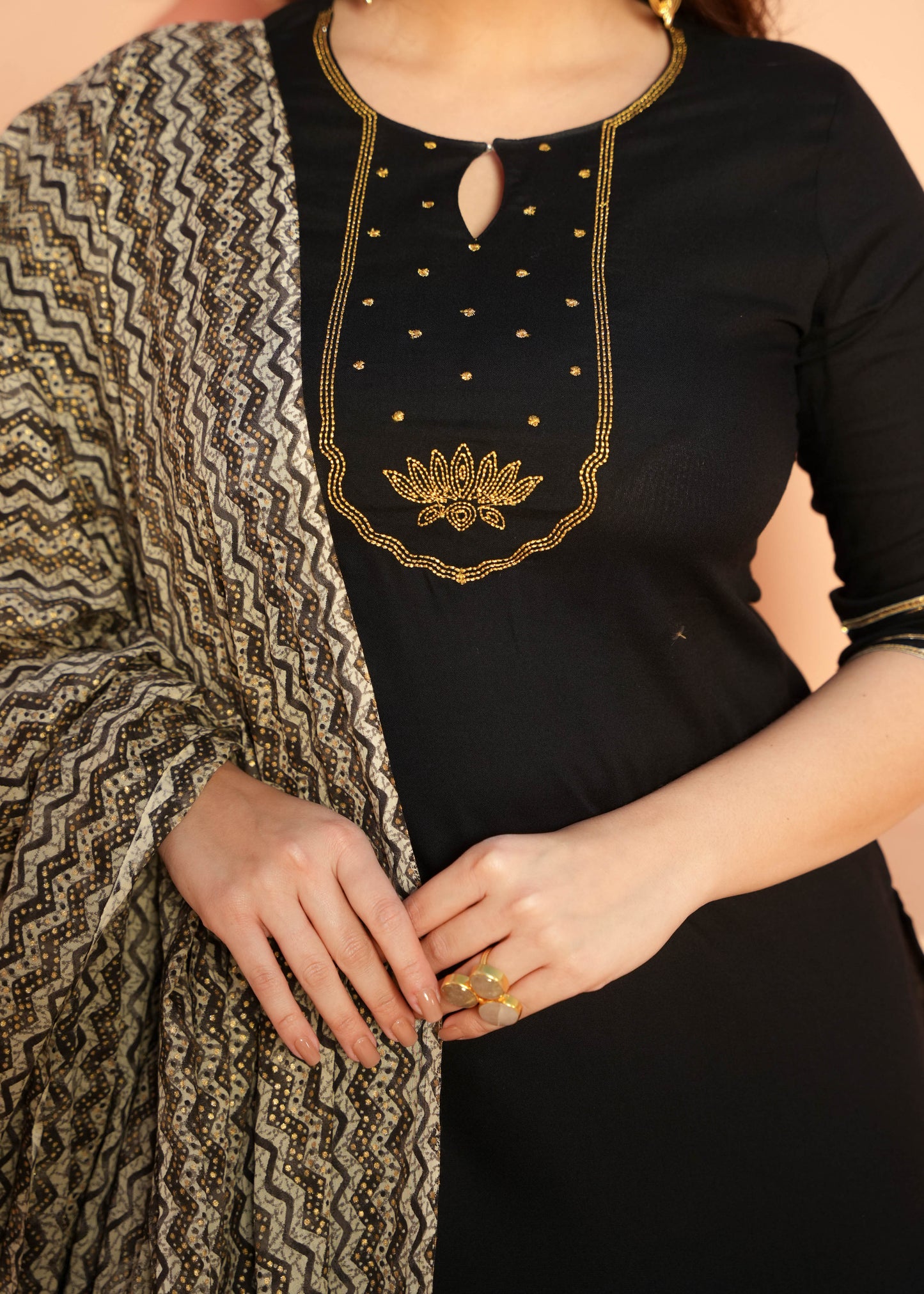 Embroidered Viscose Solid Straight Black Kurta