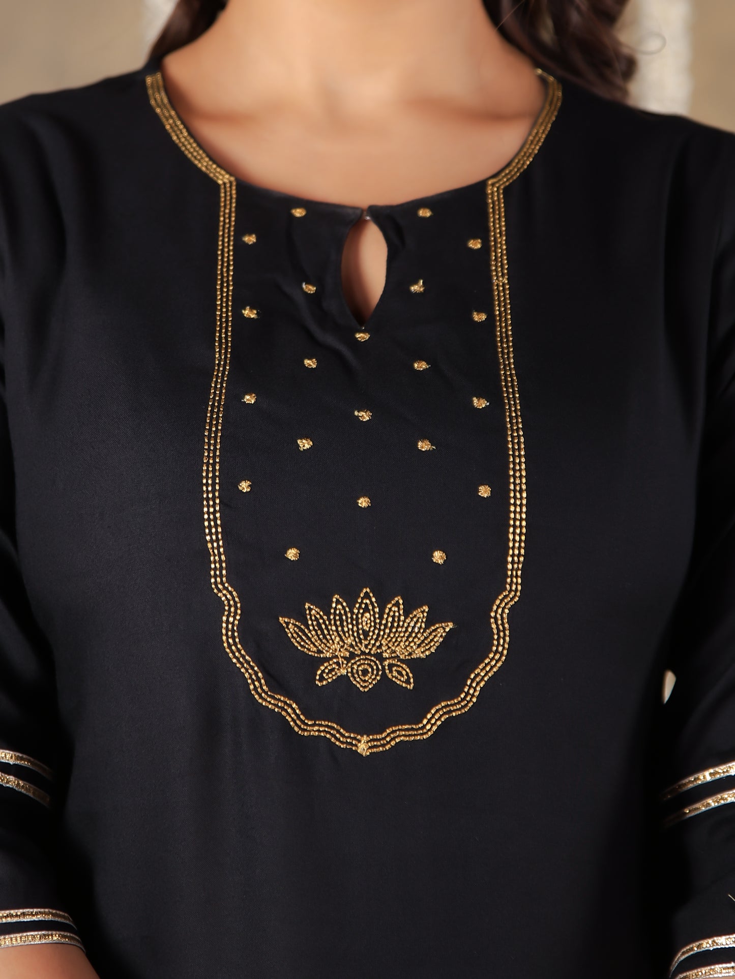Embroidered Viscose Solid Straight Black Kurta