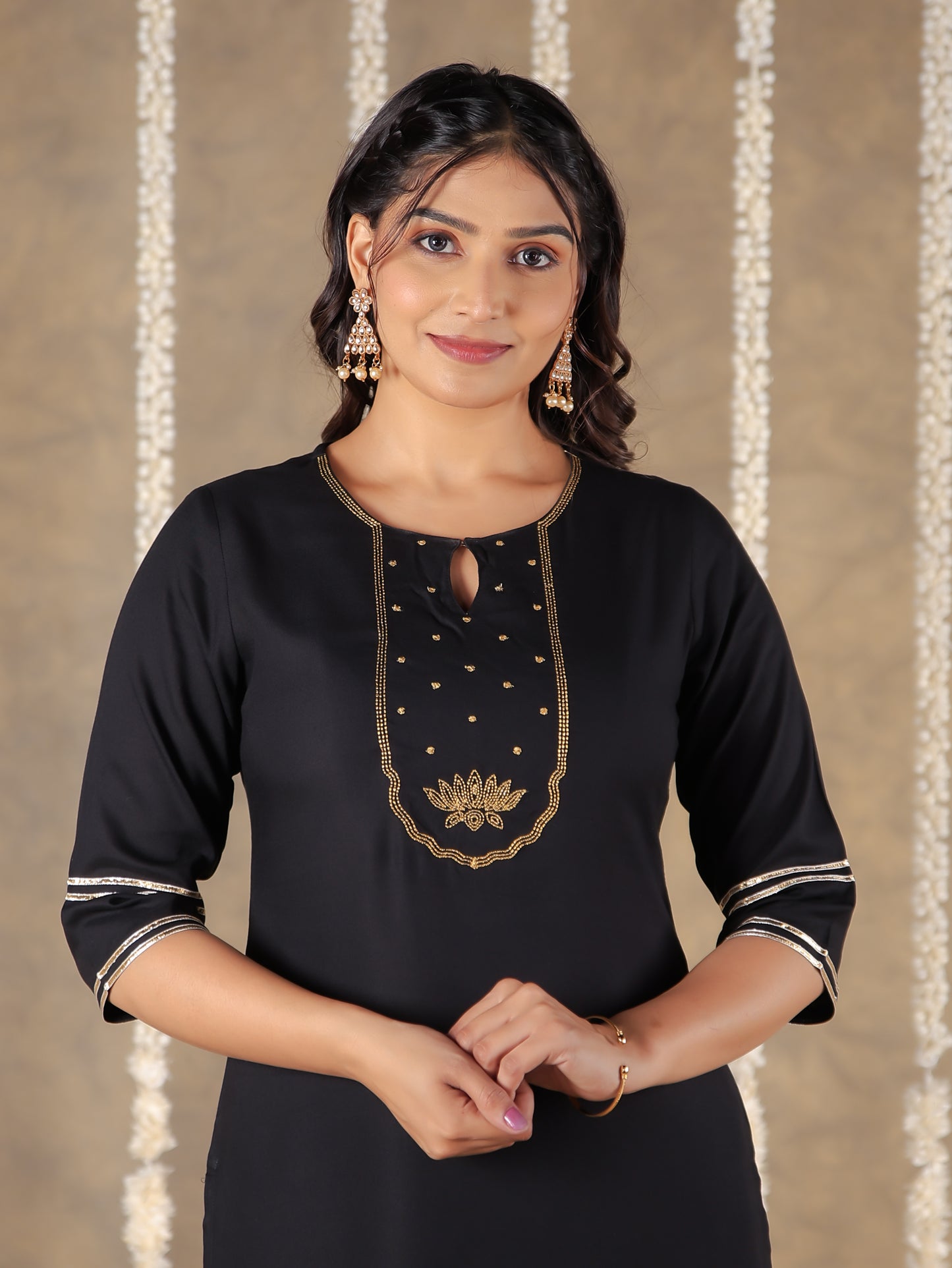 Embroidered Viscose Solid Straight Black Kurta